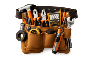 A leather tool belt filled with various hand tools including screwdrivers, pliers, a measuring tape, a utility knife, a cordless drill, and a digital multimeter.