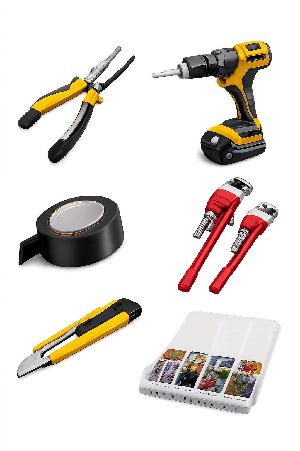Tools and art supplies including a cordless drill with black and yellow handle, a pair of bolt cutters with black and yellow handles, a roll of tape, red and silver tattoo needles, a utility knife with yellow and black handle, and a plastic case with colored pictures inside.