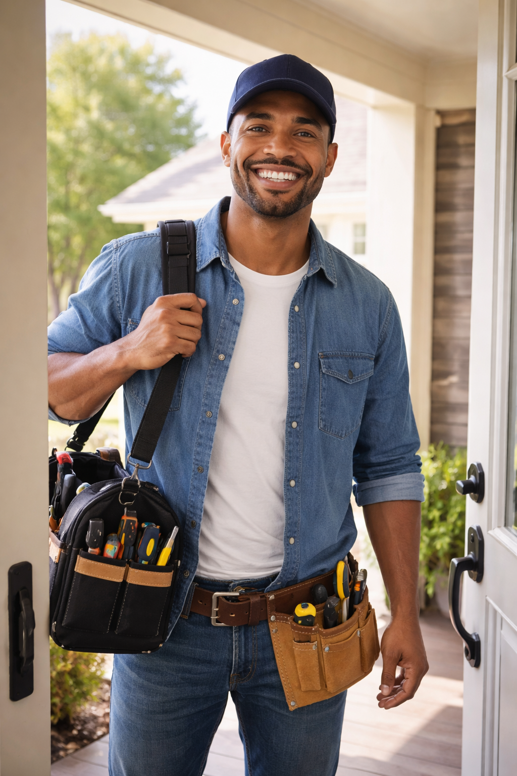 A smiling male handyman in a denim shirt, wearing a tool belt and carrying a backpack, standing at the door of a house.