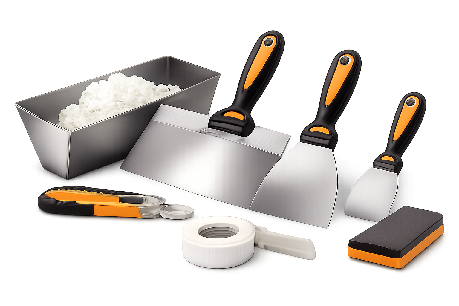 A set of kitchen knives with black and orange handles, a white and black sharpening stone, a white roll of tape, and a rectangular metal container filled with white rice.