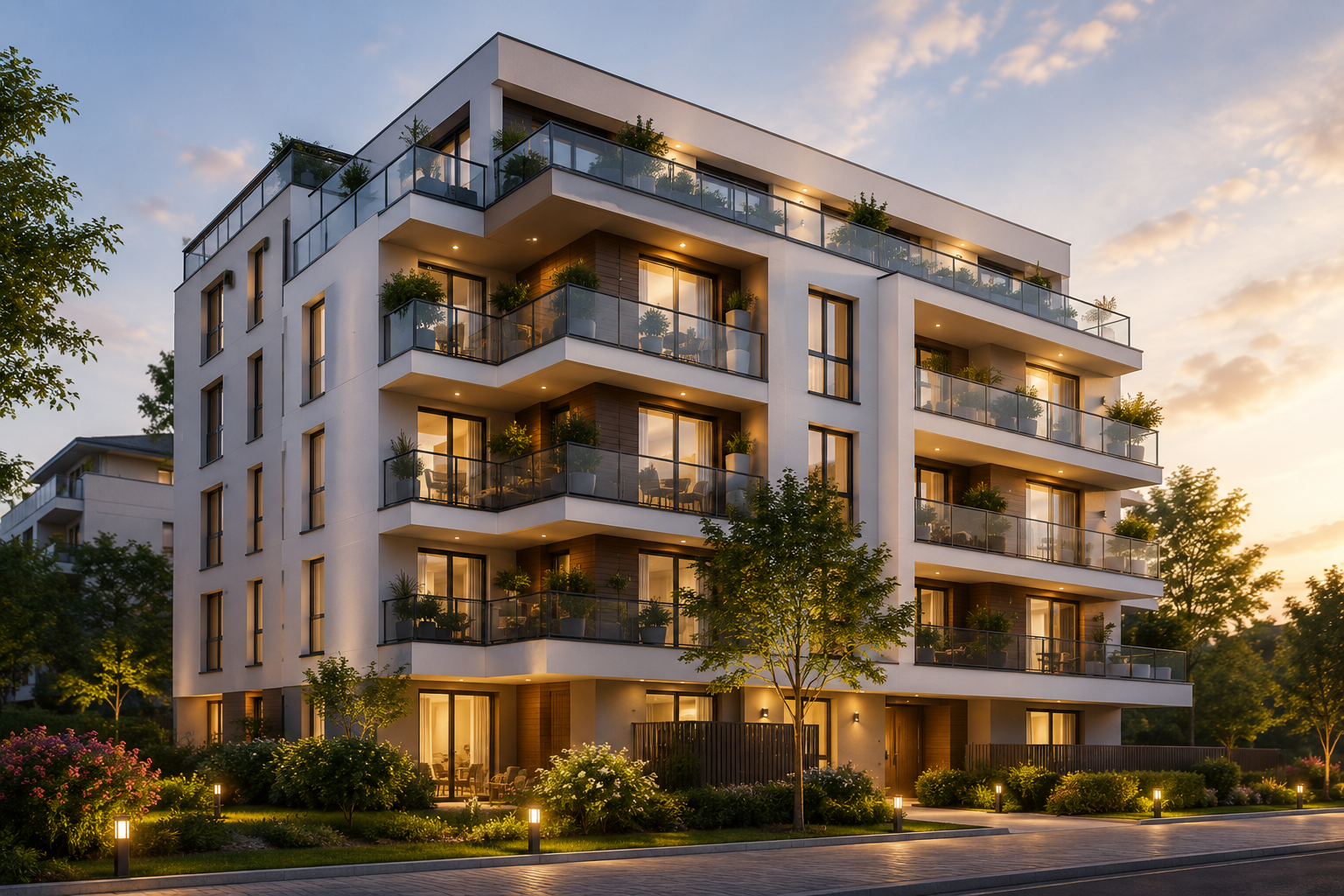 immeuble neuf illuminé au coucher de soleil