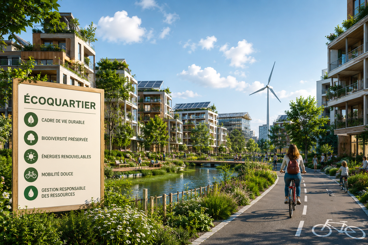 verdure avec panneaux ecoquartier et une femme a vélo de dos