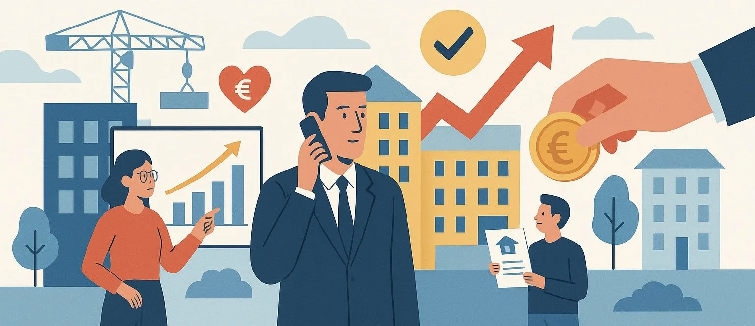 signes flèche montante avec signe euros et des immeubles