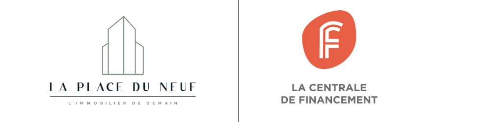 Logo de La Place du Neuf avec une silhouette d'immeuble stylisée, et le logo de La Centrale de Financement en forme de F dans un cercle rouge, accompagnés de textes en français.