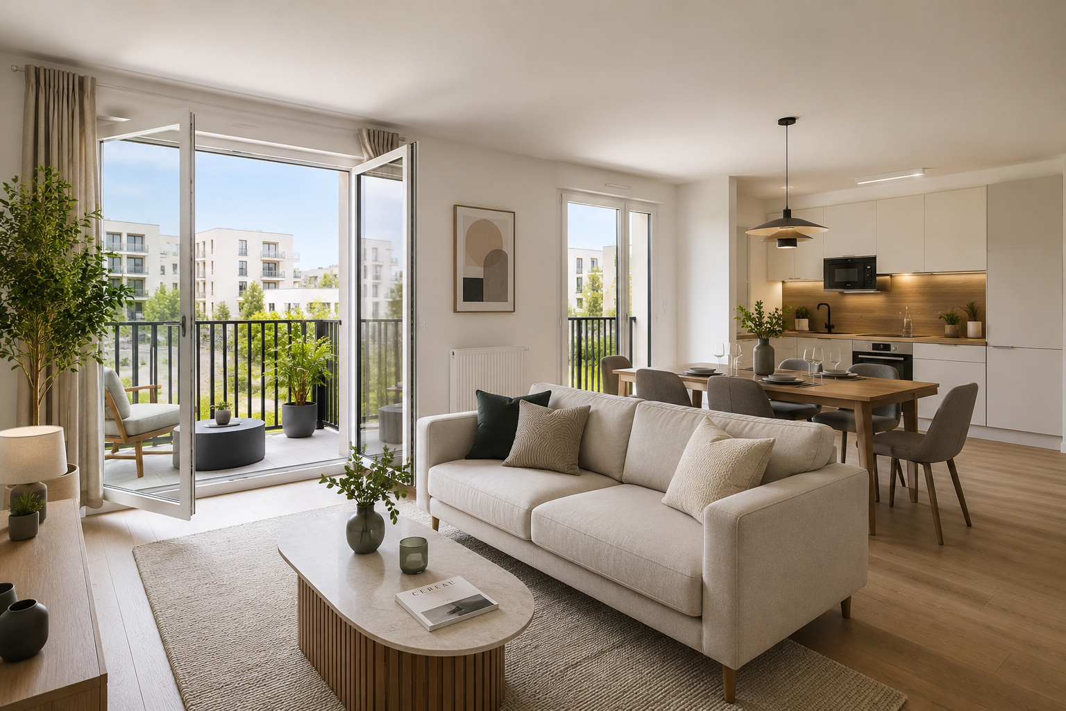salon d'un appartement neuf avec cuisine ouverte et baie vitrée ouverte