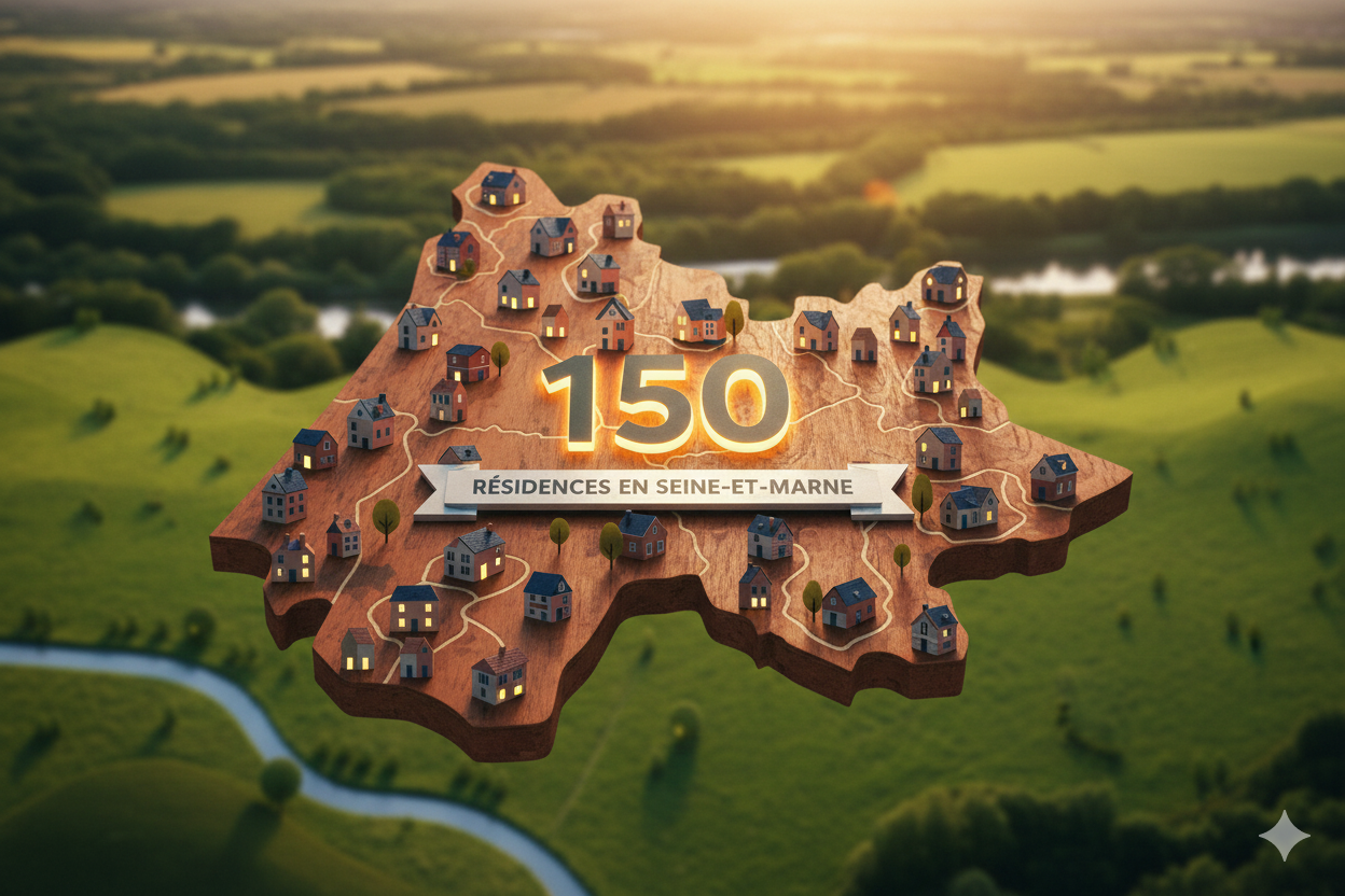 carte de la seine et marne avec écrit 150 résidence en seine et marne avec effet 3D