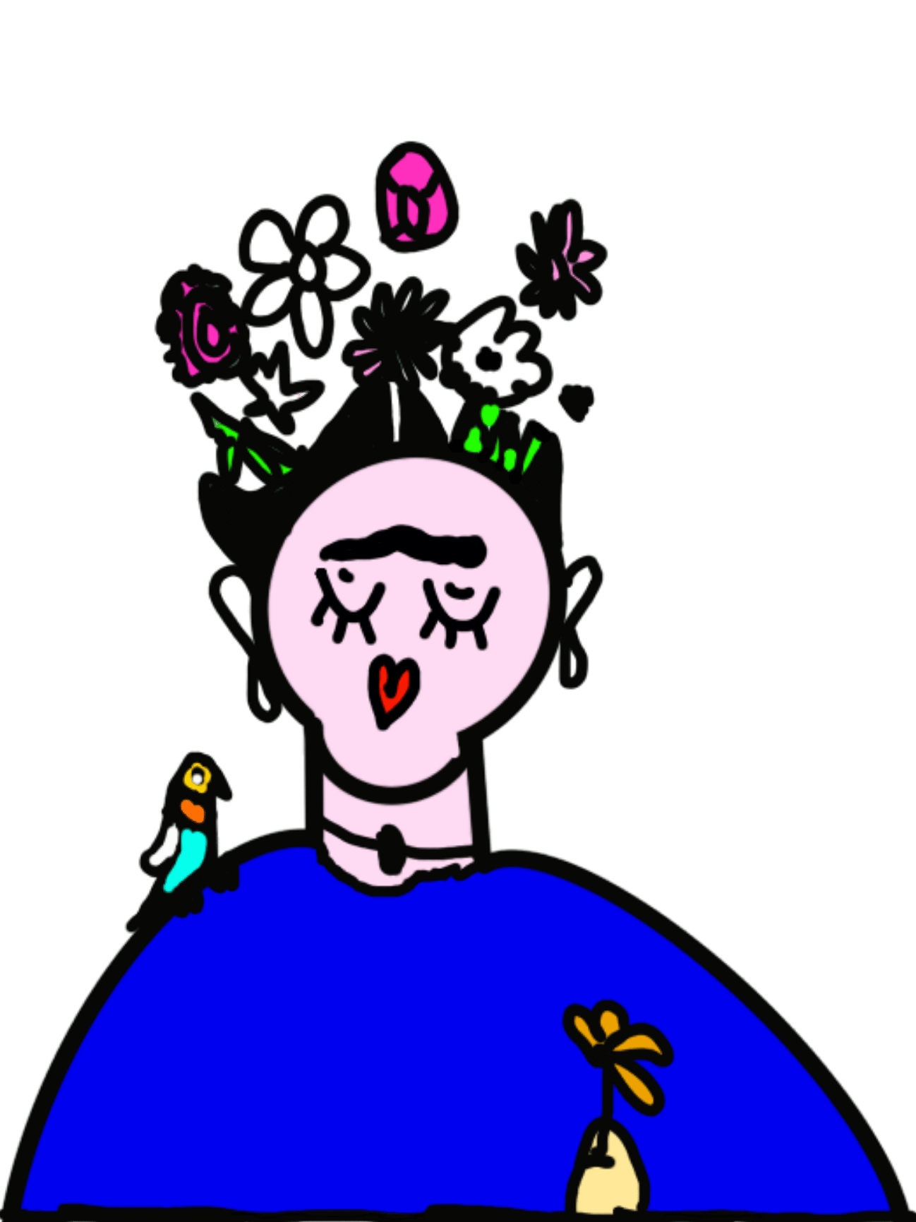 Digitale Portraitzeichnung mit Blumen, gemalt im Procreate-Kurs