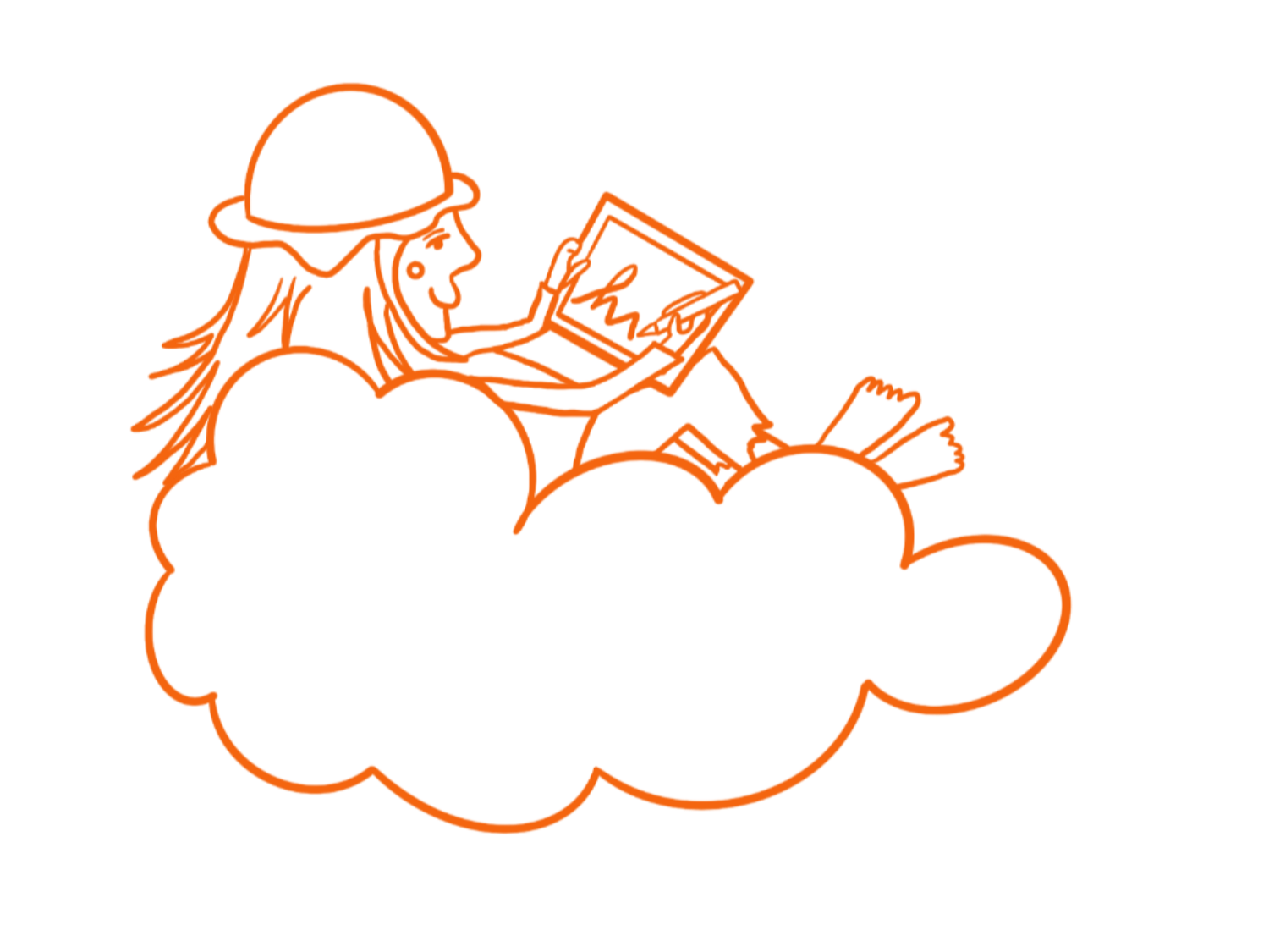 Person zeichnet entspannt auf dem Tablet, sitzend auf einer Wolke