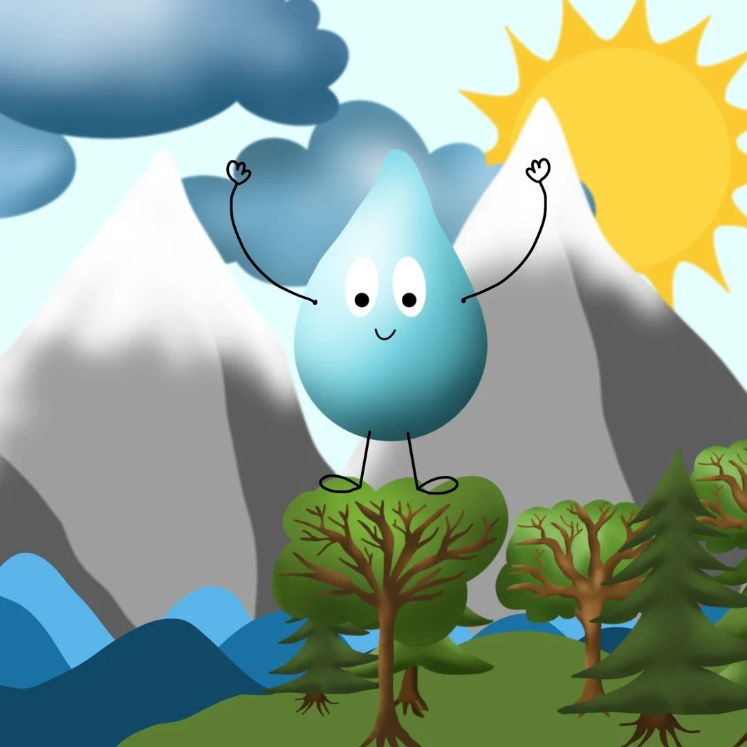 Gezeichneter digitaler Wasserkreislauf mit Wassertropfen, Sonne, Wolken, Bergen und Wald