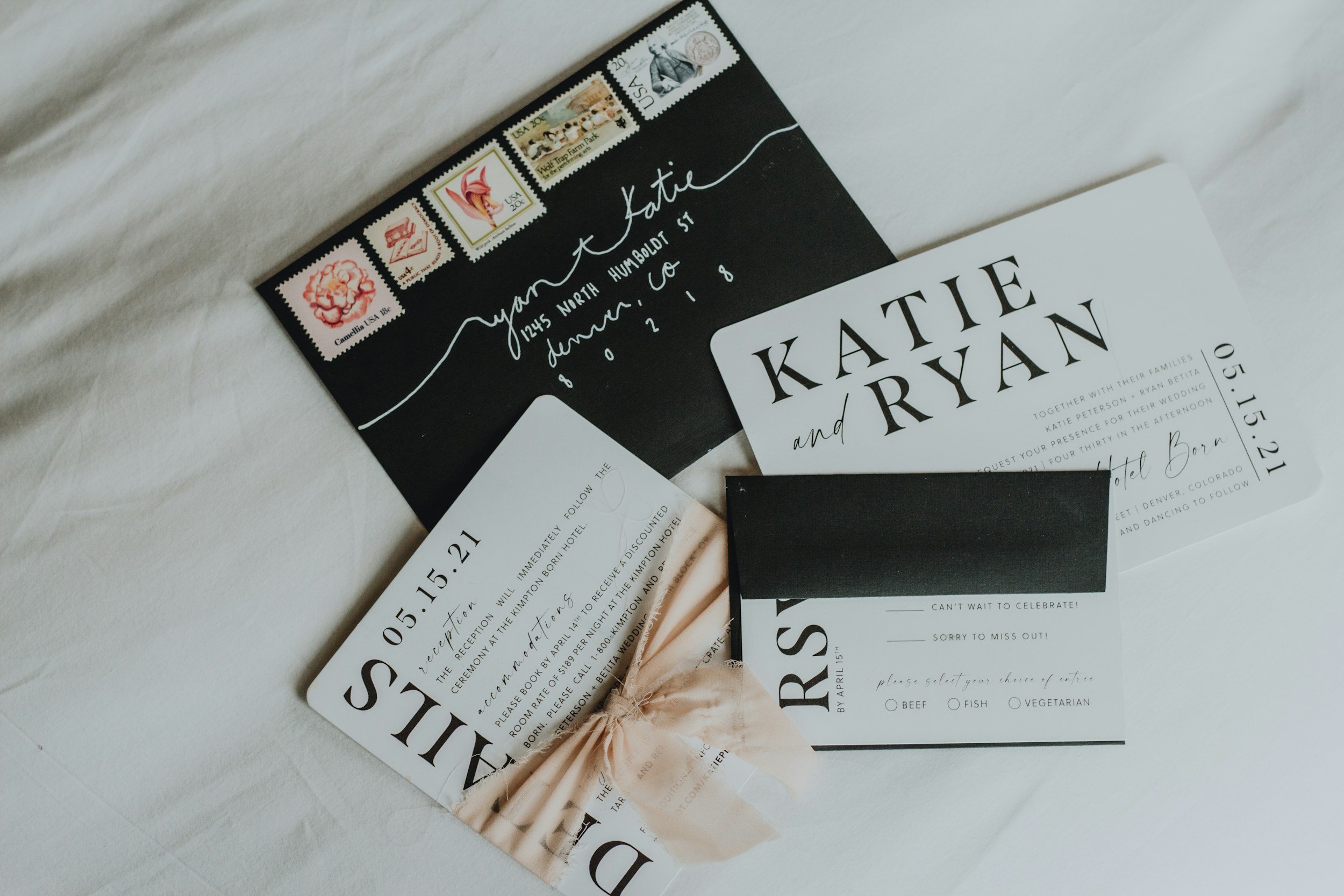 Black and white wedding stationery for a wedding abroad