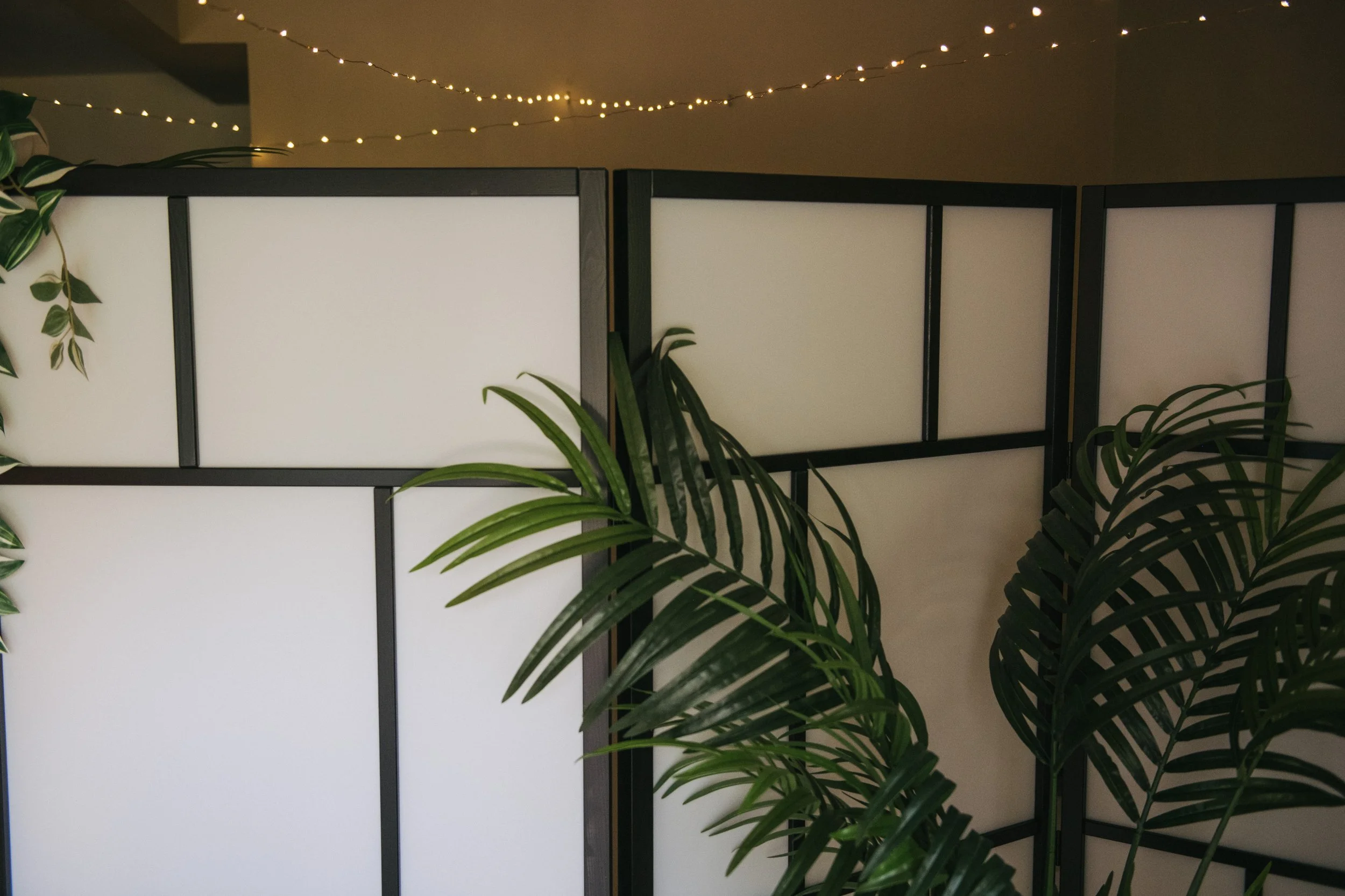 Acalm interior space with a room divider with black frames and white panels, soft lighting  decorated with green plants and string lights in the background, creating a peaceful atmosphere