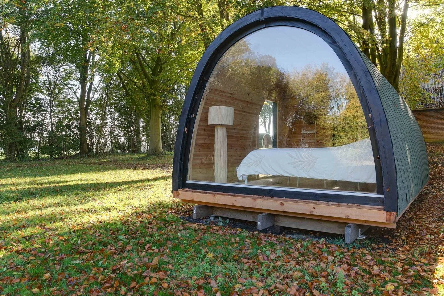 Een kleine, boogvormige houten cabine met een groot raam, gelegen in een bosachtige omgeving. Binnenin is een bed en een vloerlamp zichtbaar.