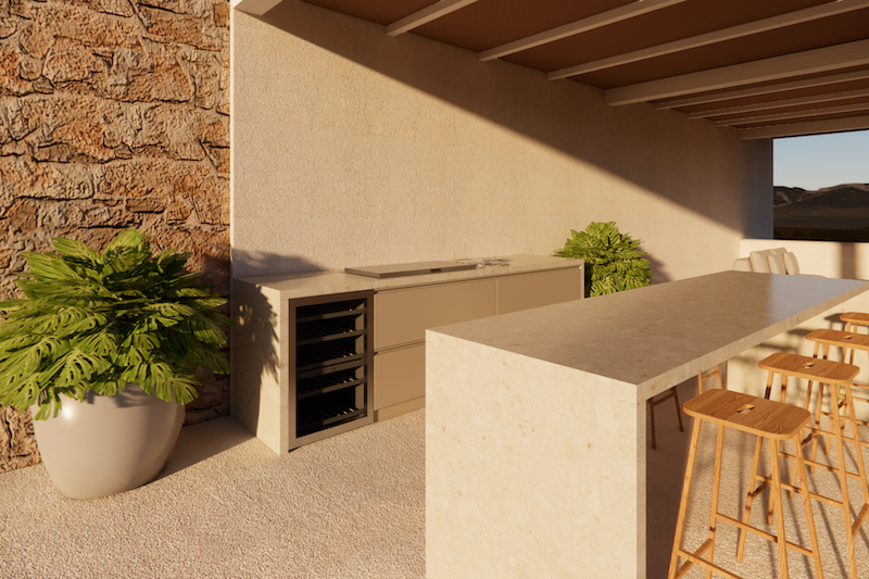 Luxe buitenkeuken in zandkleur met gas bbq