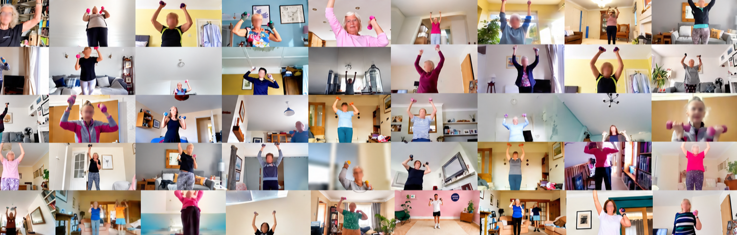 Multiple people in their homes participating in a virtual fitness or exercise class with small dumbbells, raising their arms.