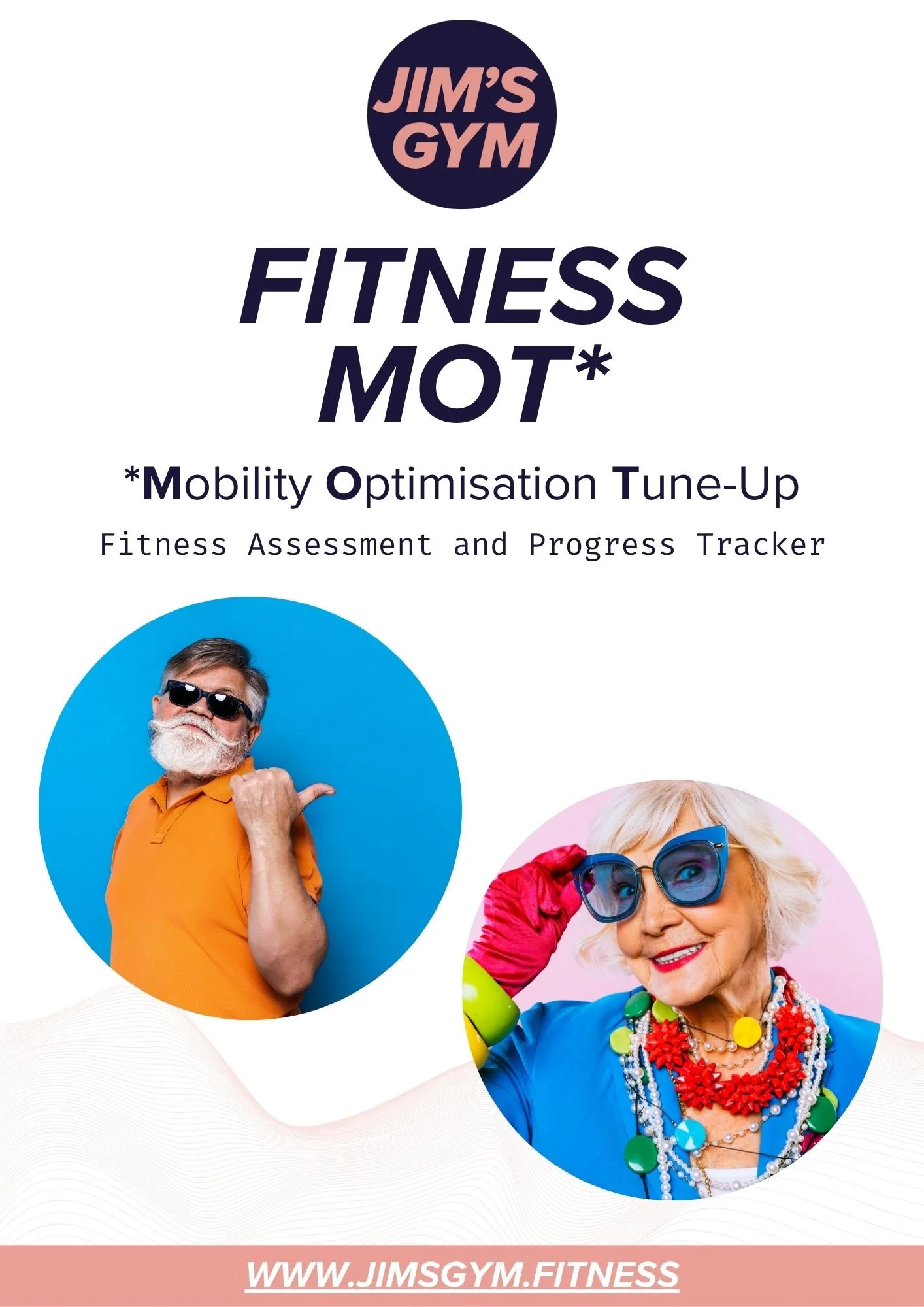 Promotional flyer for Jim's Gym Fitness featuring photos of elderly people dressed in colorful outfits, one in an orange shirt and sunglasses, and one in a blue dress with large sunglasses and jewelry. The flyer includes the gym's logo and website URL.