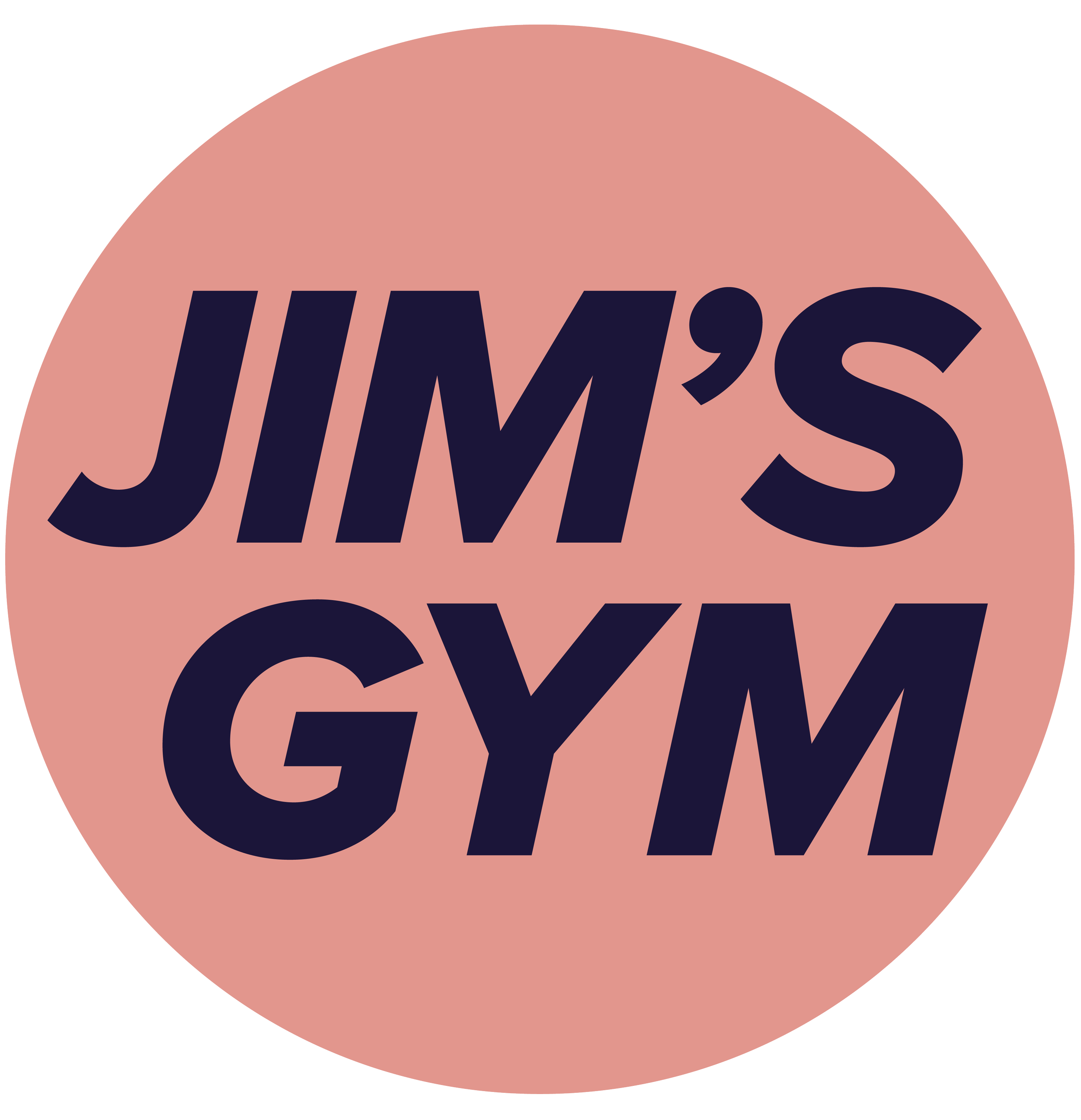 Bold black text JIMS GYM on a pink circle background.