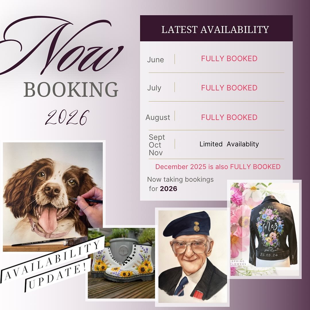 Hello Instagram! Whilst I’m knee deep in the studio creating the most fabulous commissions and custom work, I’ve had to sadly turn down some last minute enquiries 😢 so here is my latest availability updates- 2026 is getting busy busy&hel