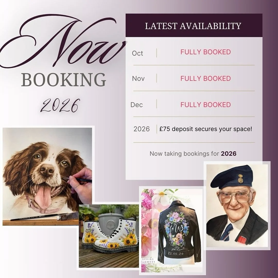 My 2025 diary is now full of the most fabulous commissions for bespoke, unique artwork 💕 2026 is already shaping up nicely, so to avoid missing your spot in the diary a £75 deposit secures your booking - DM, WhatsApp or email me for more infor