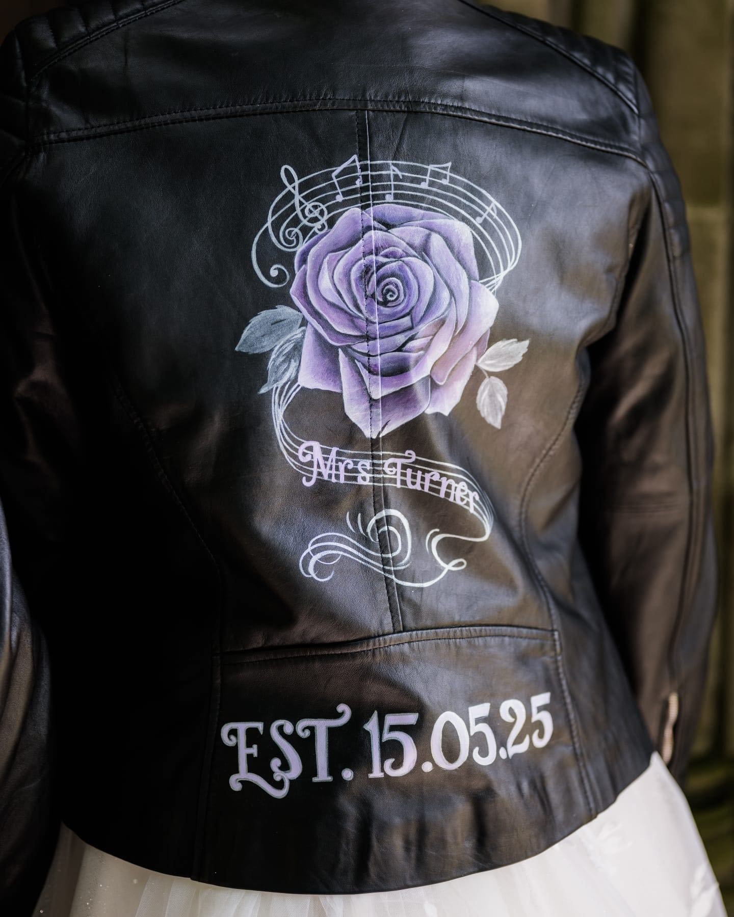 purple rose, music inspired wedding leather jacket
