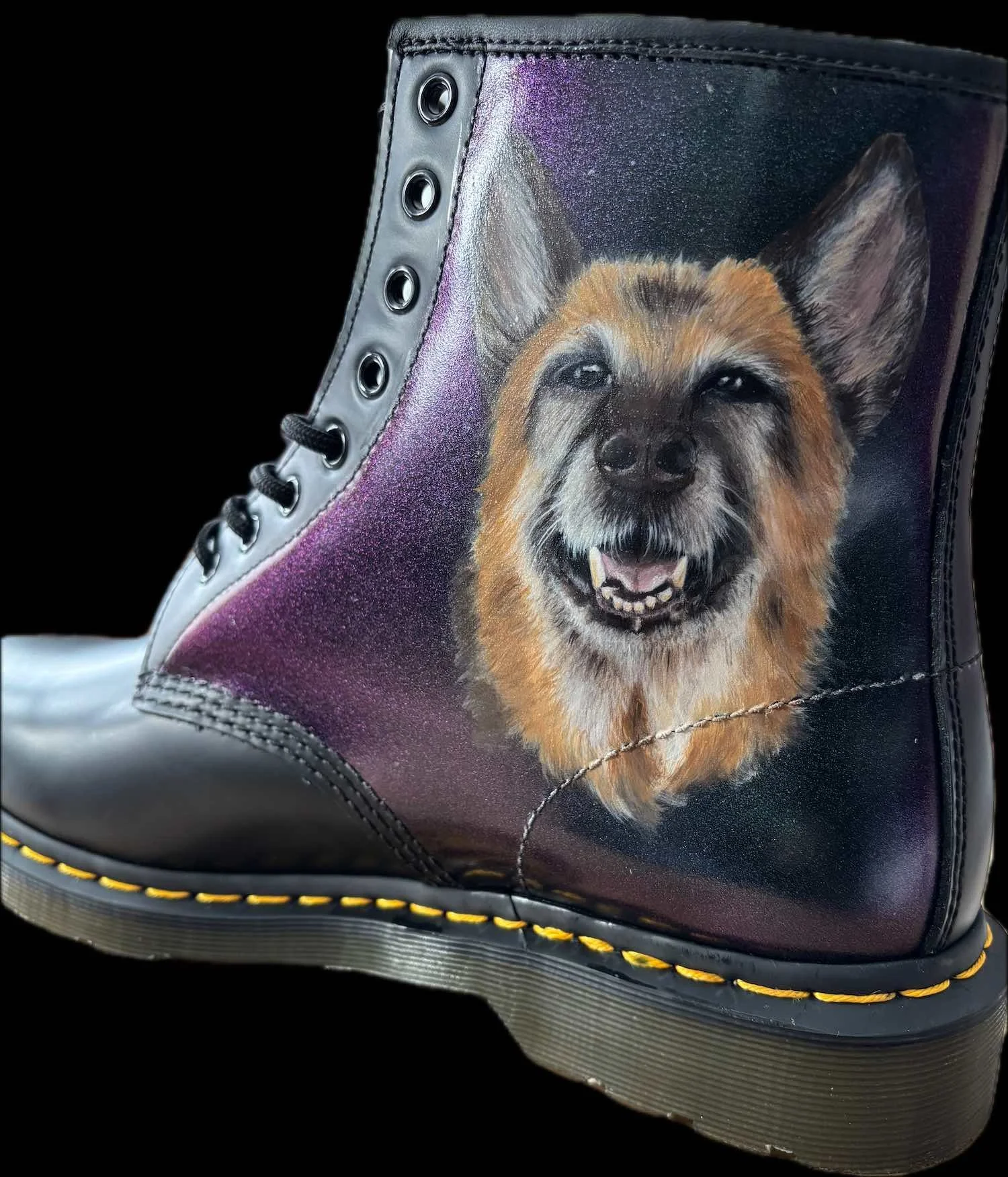 pet portrait painted on Dr Martens
