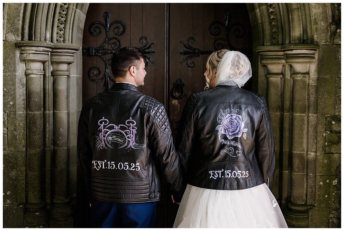 couples leather jacket, wedding, music, roses, unique gift