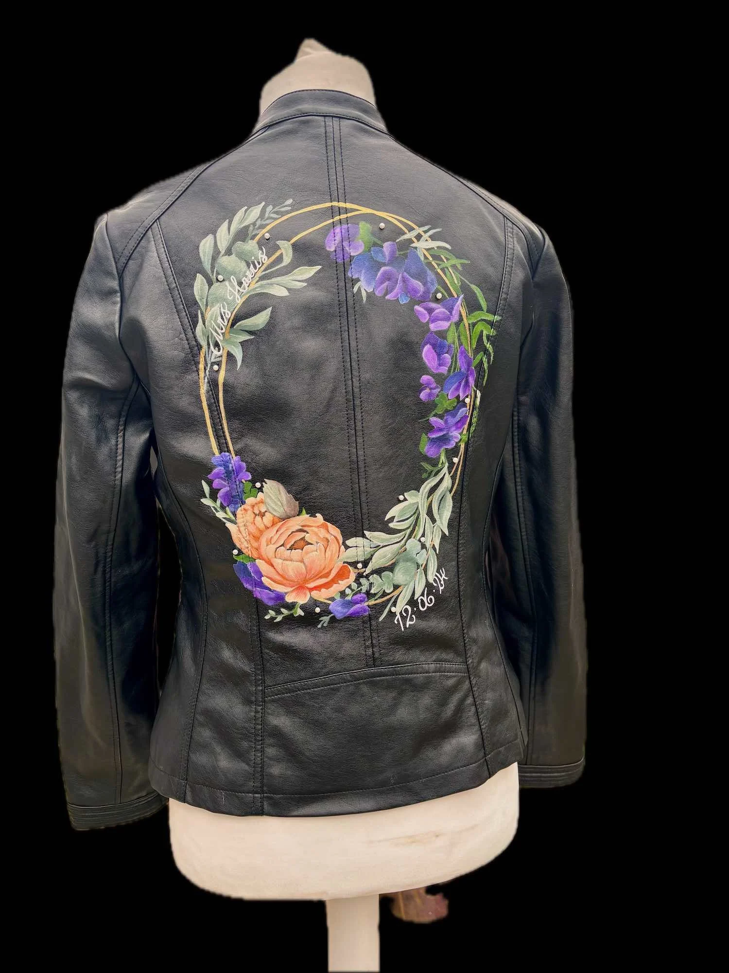 peach peony painted leather jacket, Wedding, bride, unique