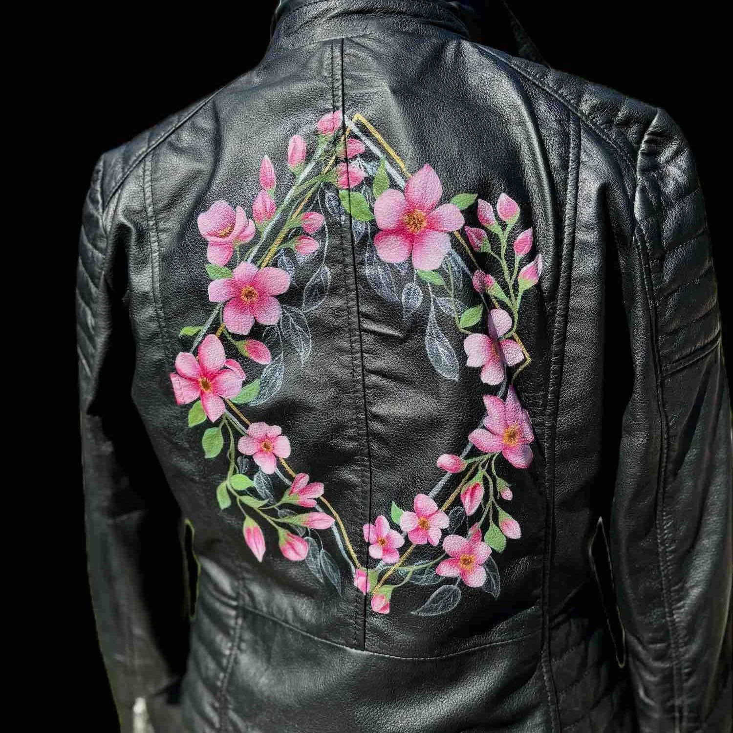 pink cherry blossom, personalised, hand-painted wedding bride leather jacket