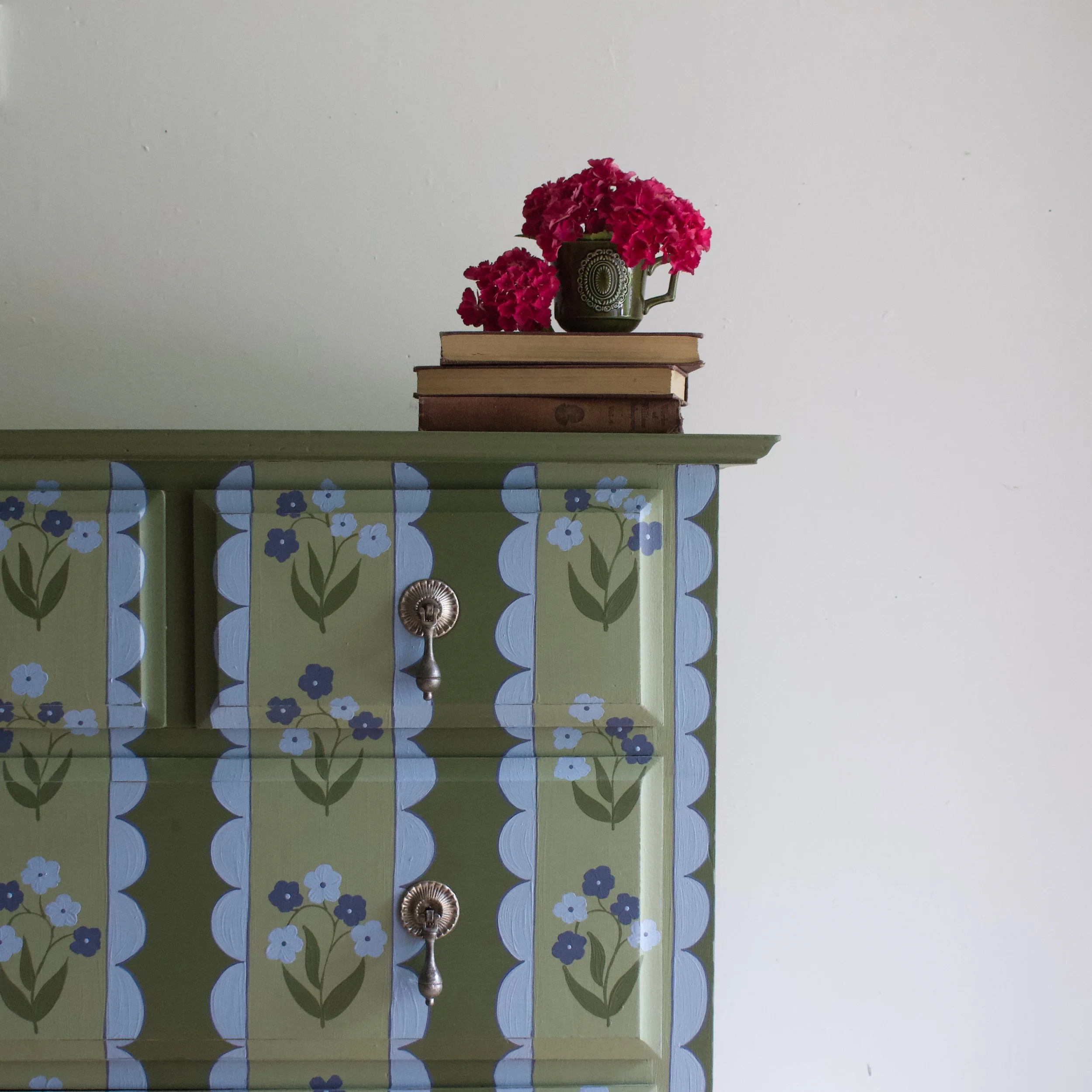 Oak  green and blue floral folk art chest of drawers