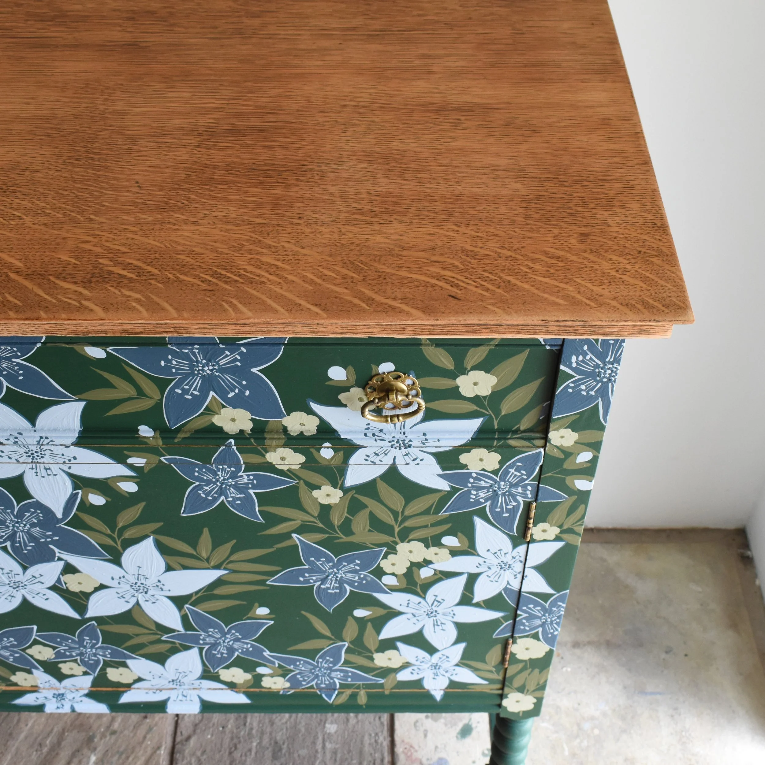 Green and Blue Floral Vintage Oak Sideboard