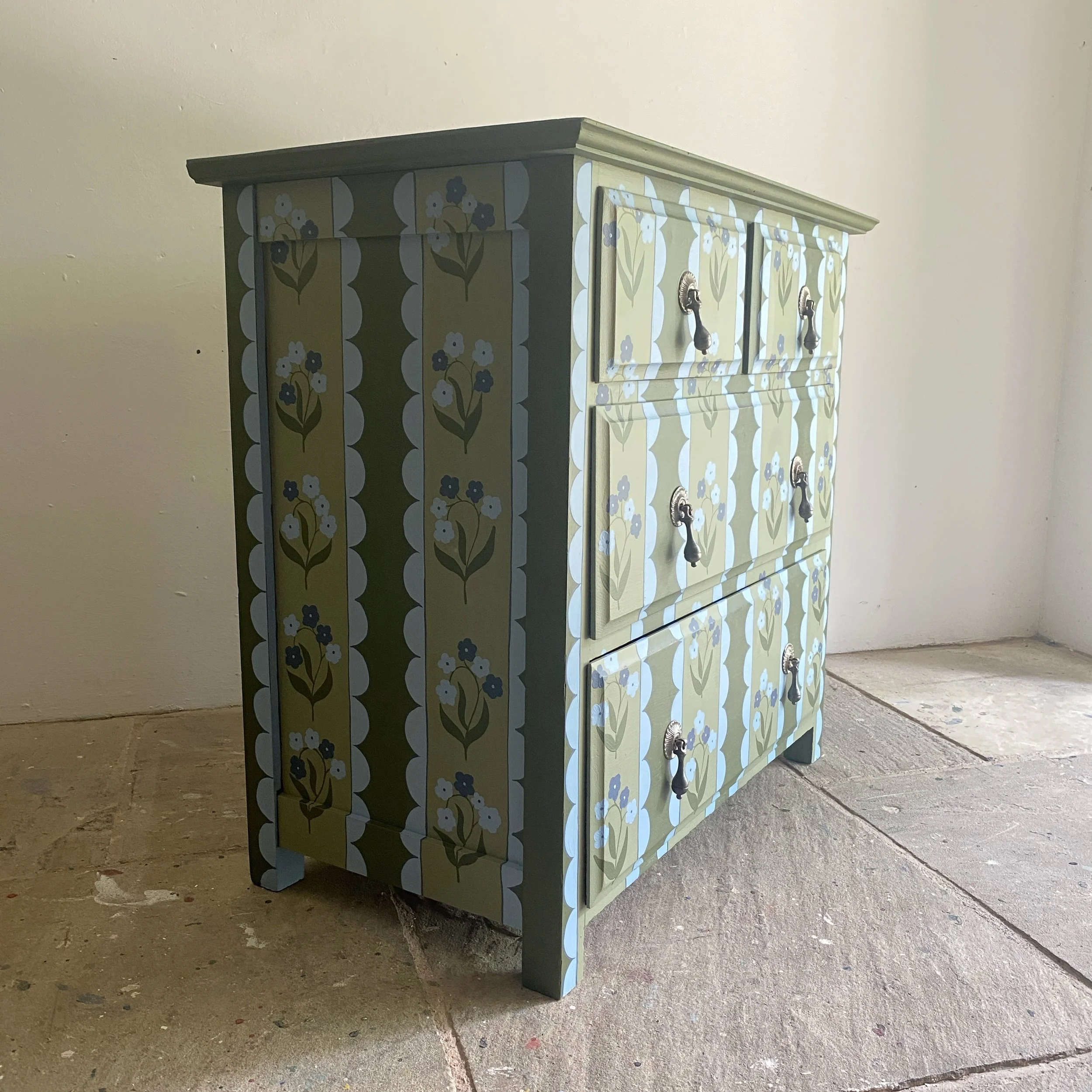 Oak  green and blue floral folk art chest of drawers