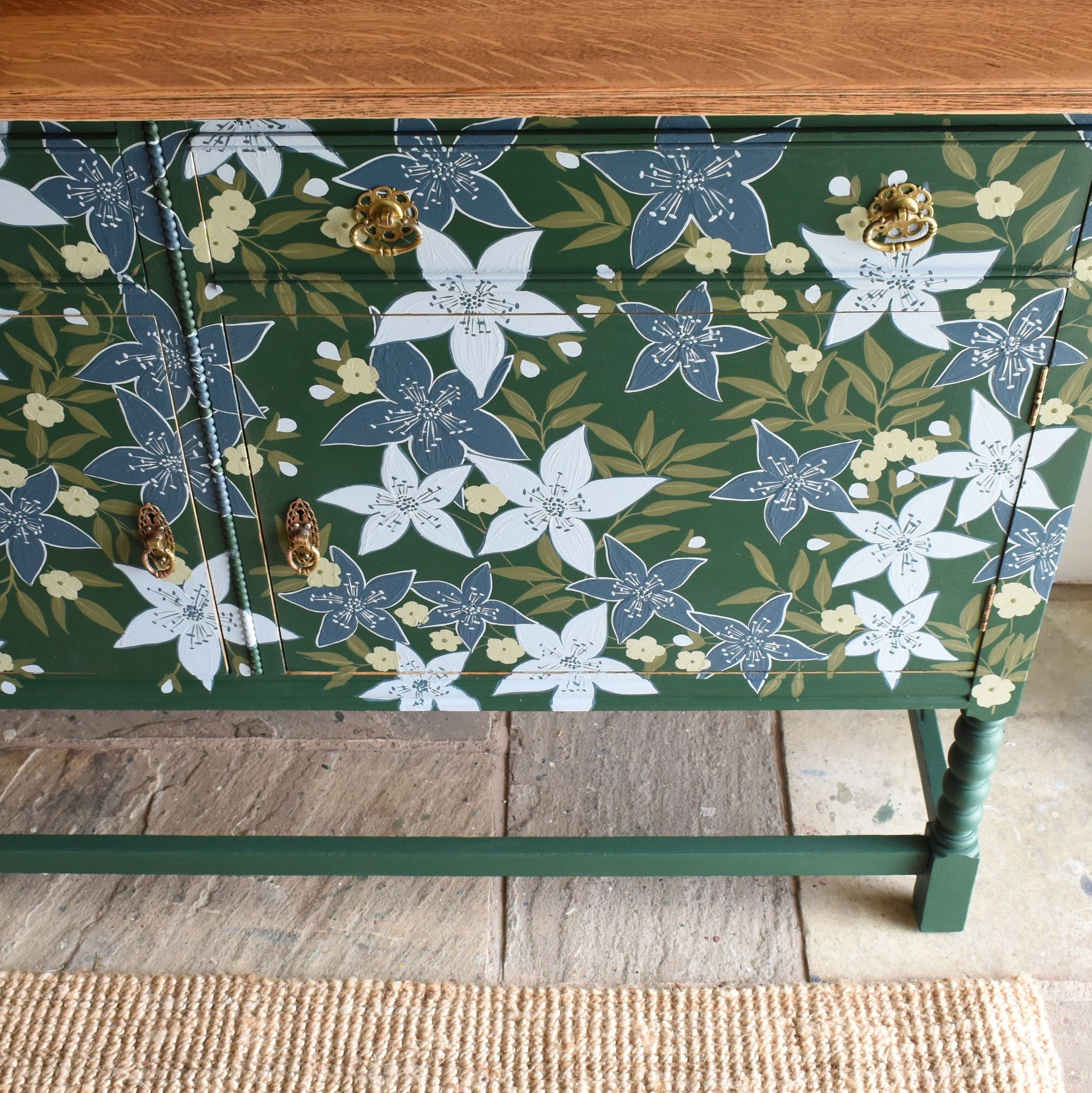 Green and Blue Floral Vintage Oak Sideboard
