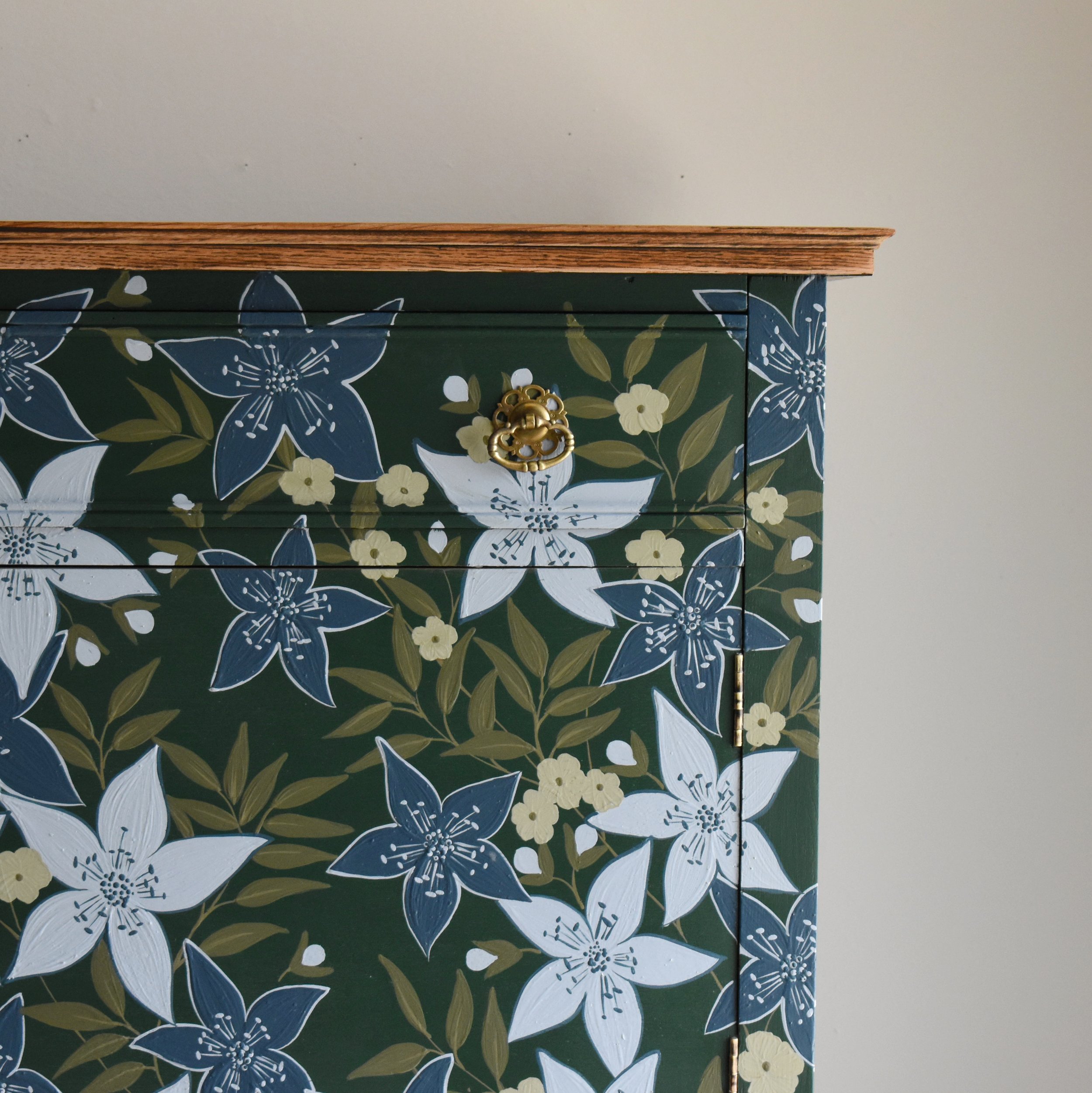 Green and Blue Floral Vintage Oak Sideboard