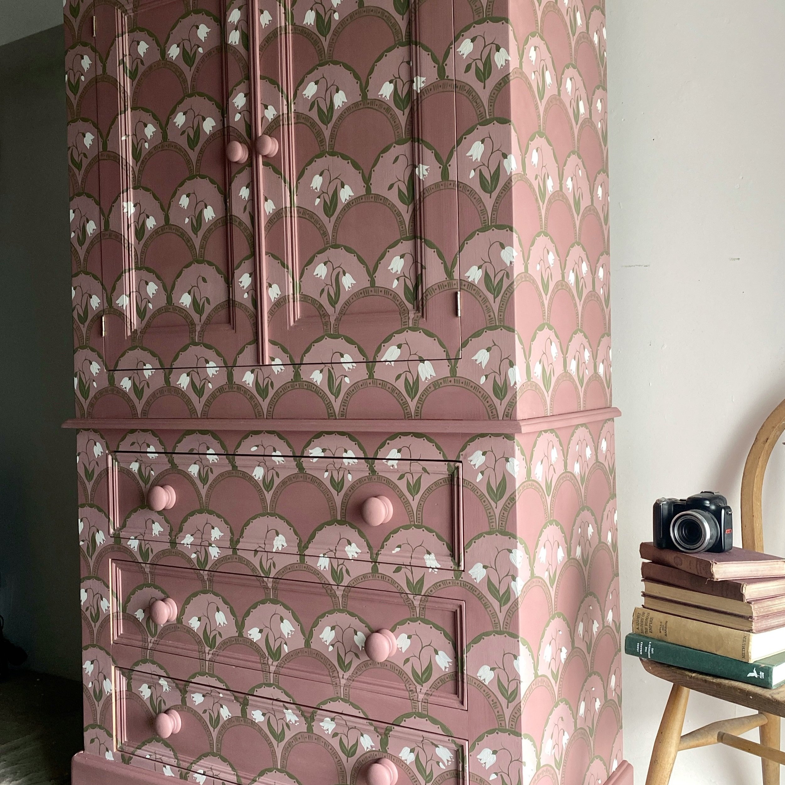 Green and pink folk art floral pine wardrobe