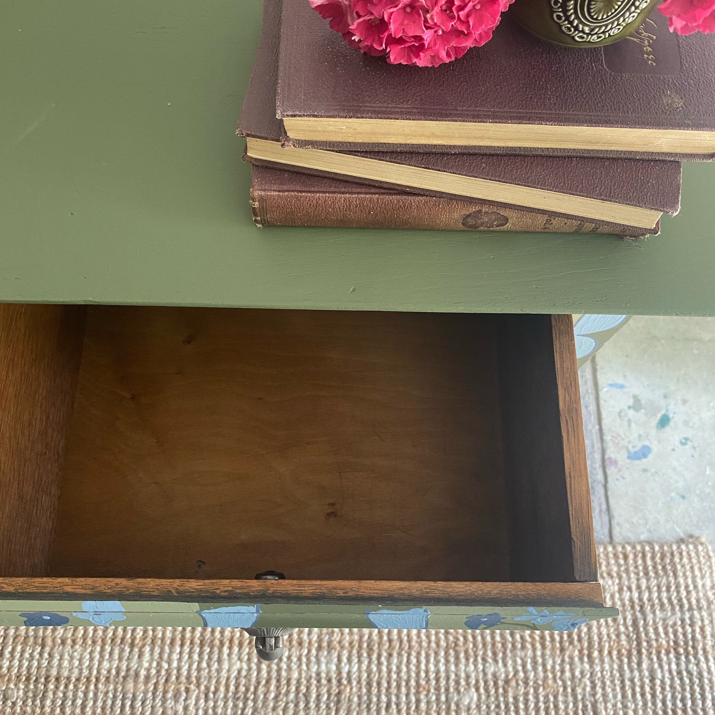 Oak  green and blue floral folk art chest of drawers