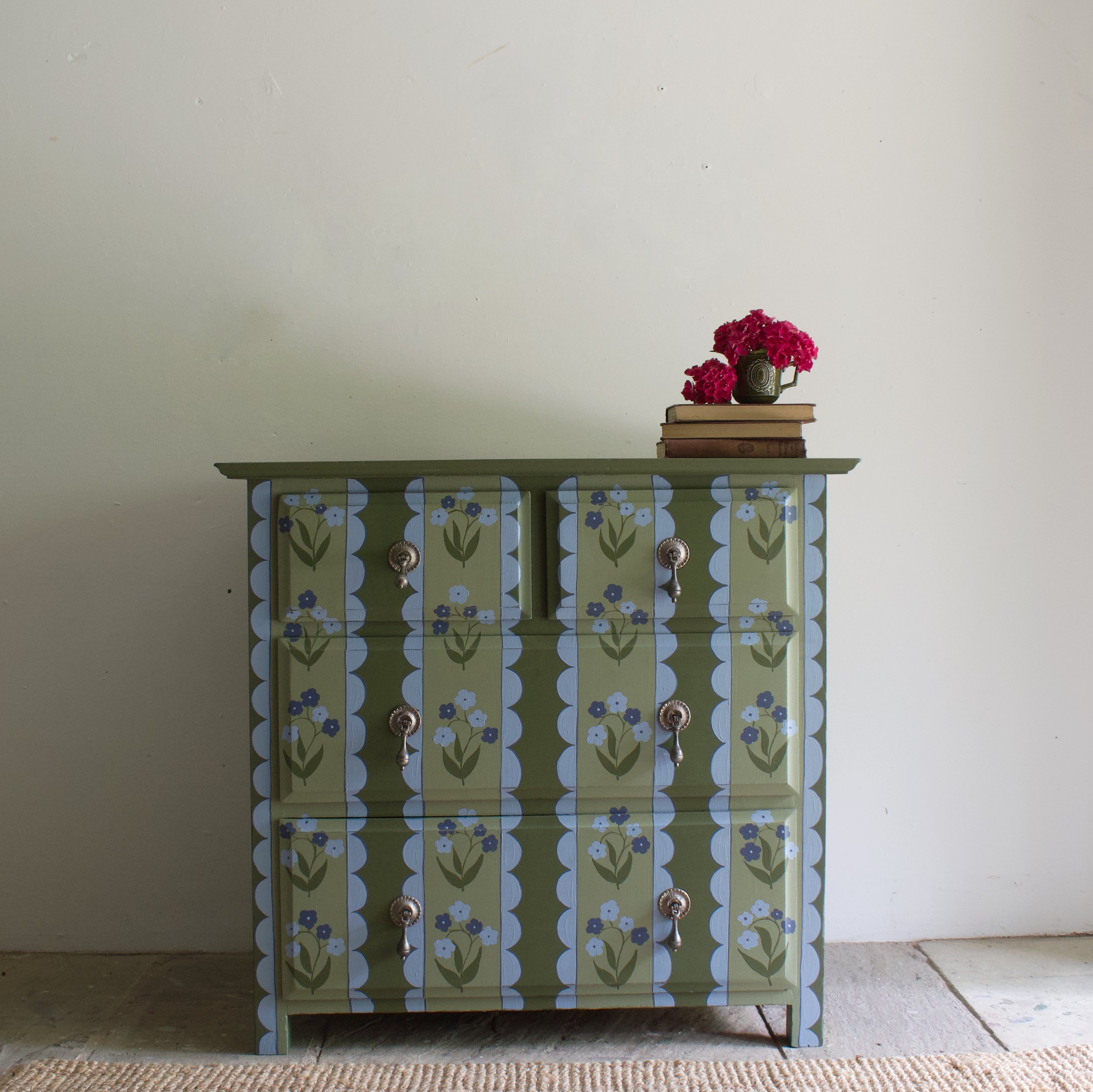 Oak  green and blue floral folk art chest of drawers