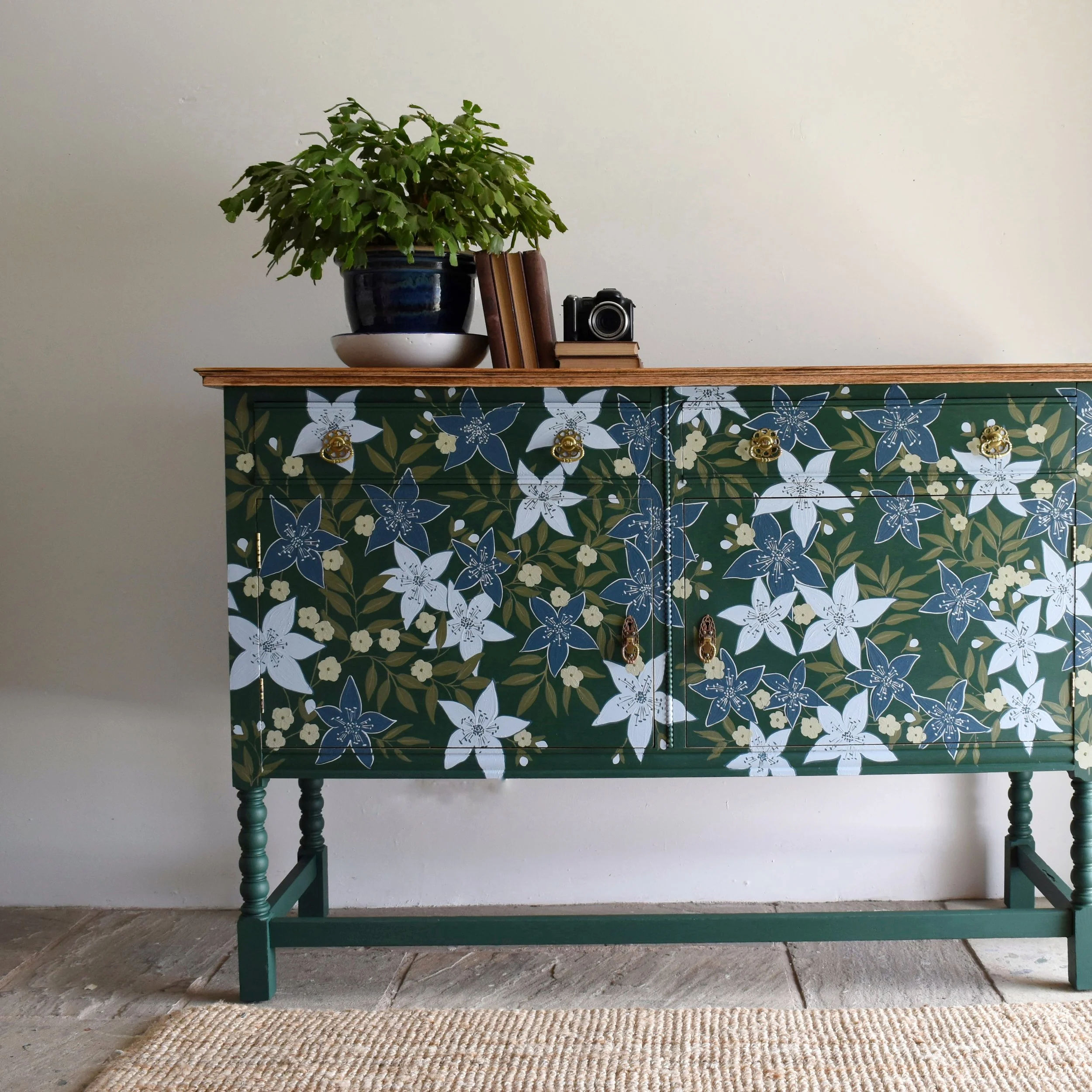 Green and Blue Floral Vintage Oak Sideboard