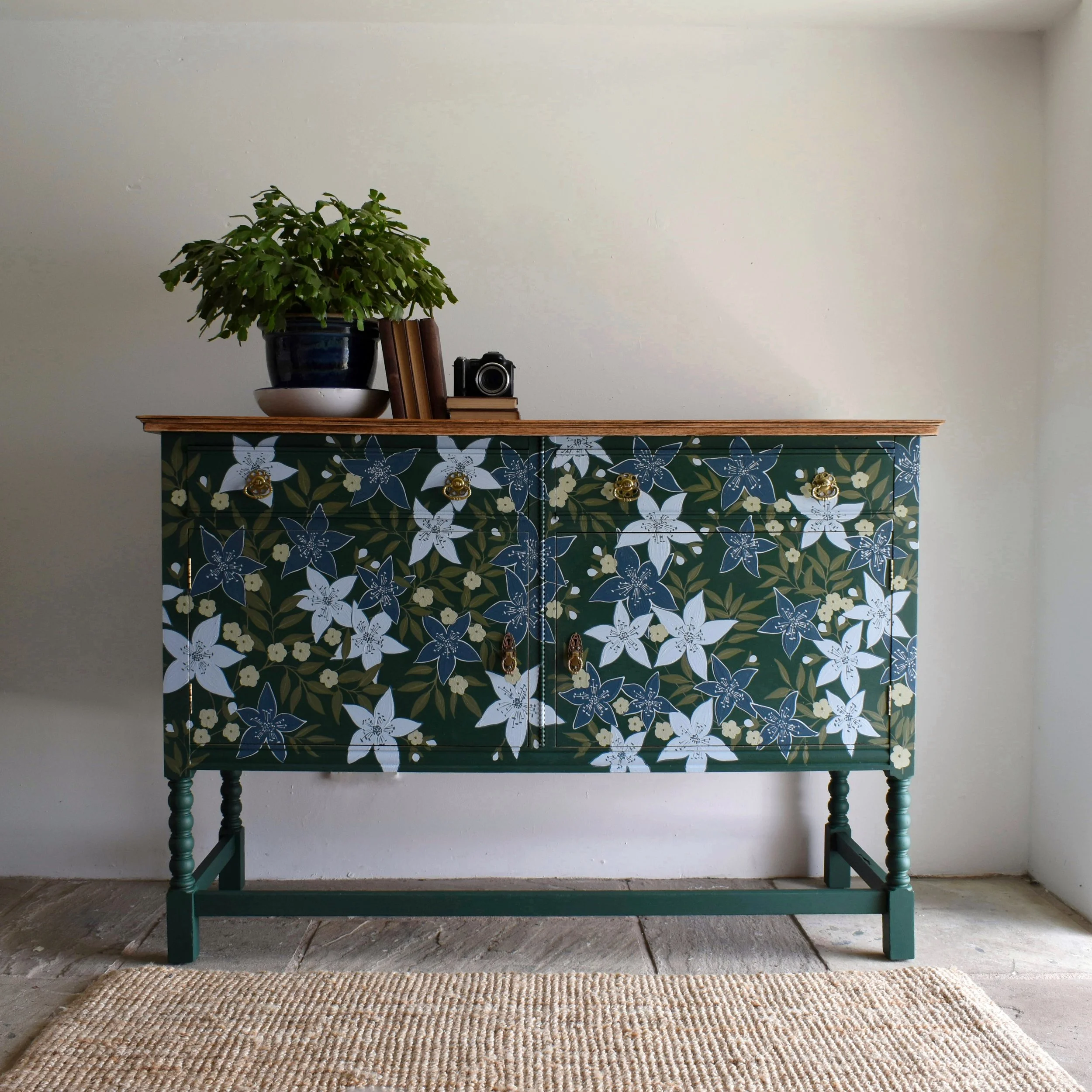 Green and Blue Floral Oak Sideboard