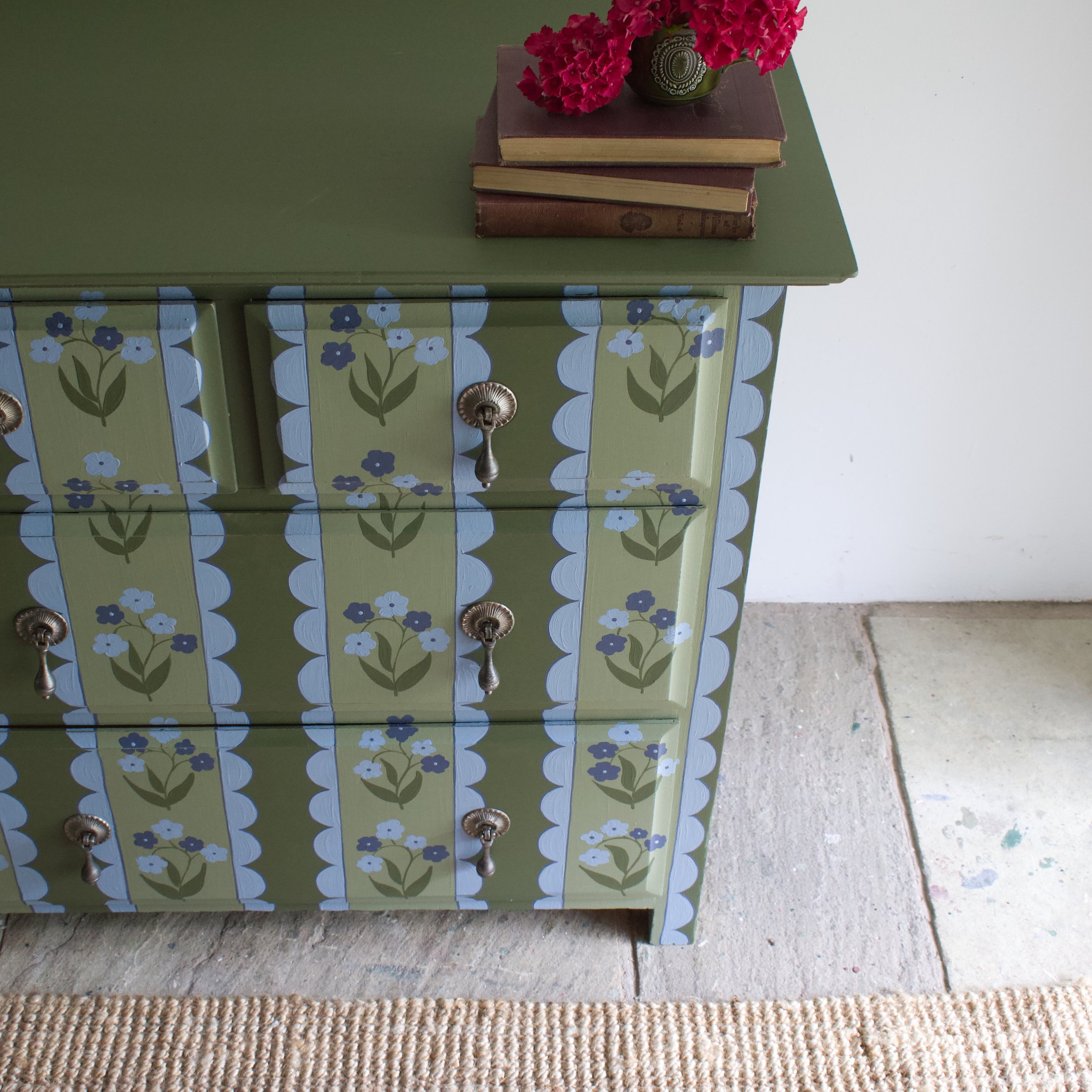 Oak  green and blue floral folk art chest of drawers