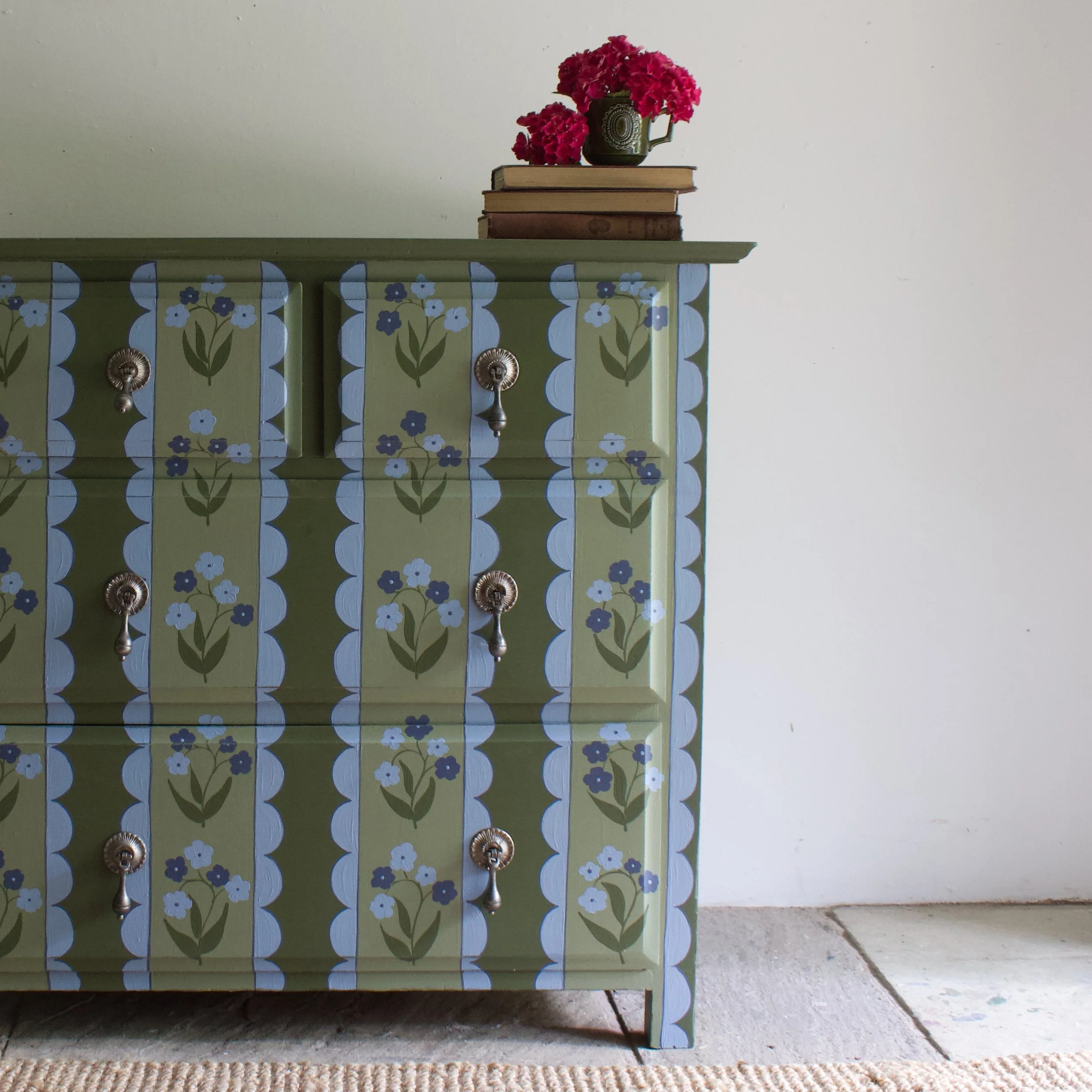 Oak  green and blue floral folk art chest of drawers