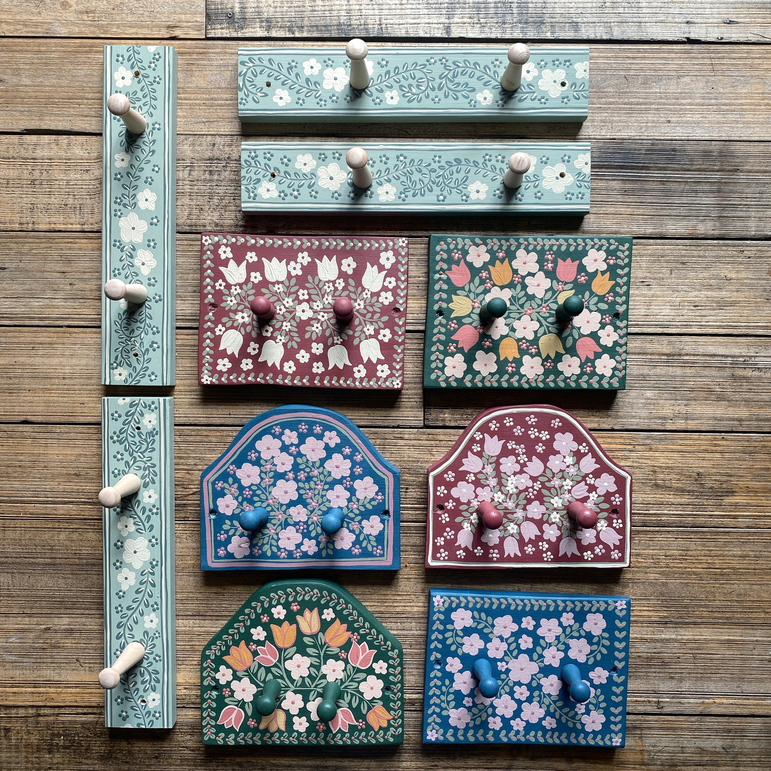 floral folk art pine shaker peg rail