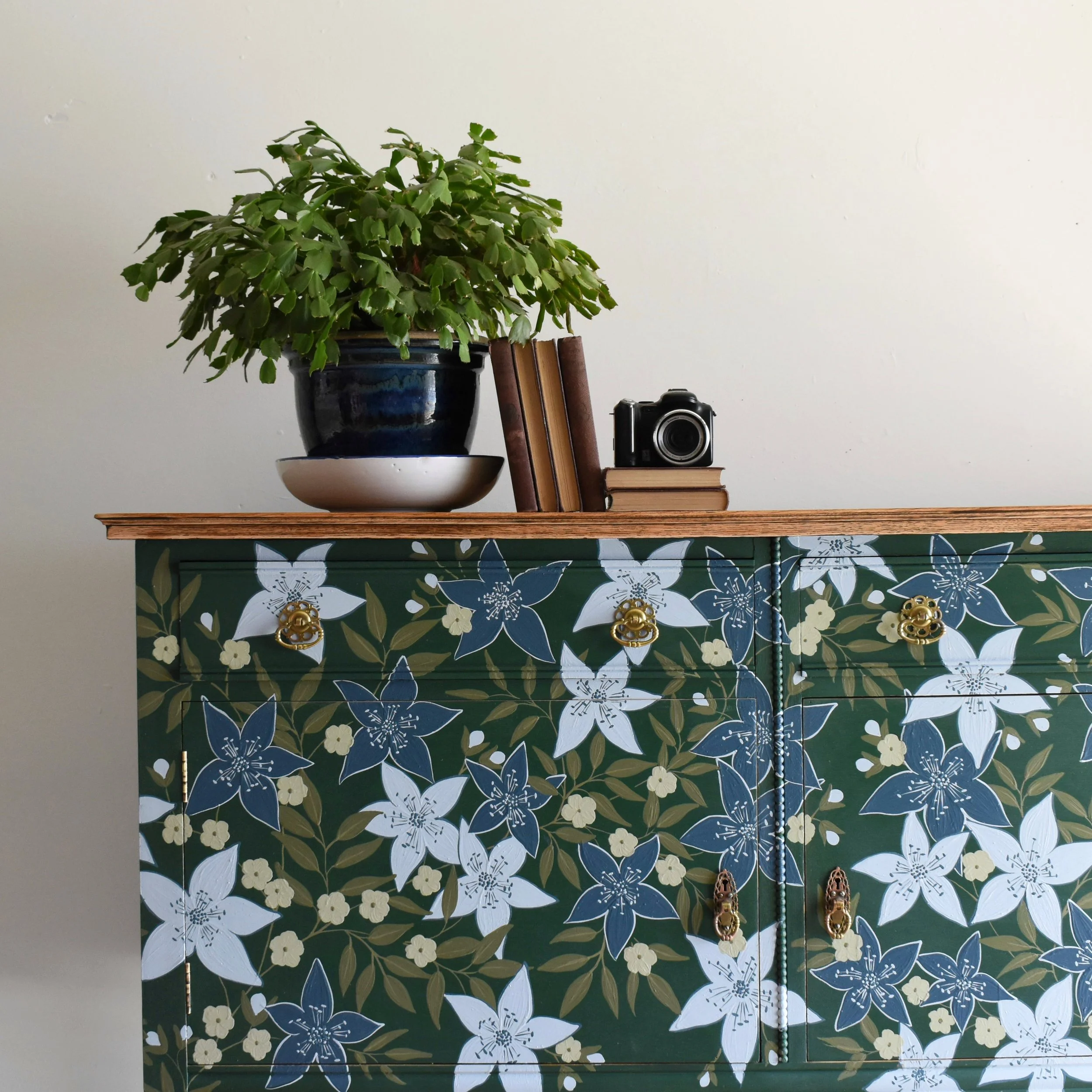 Green and Blue Floral Vintage Oak Sideboard