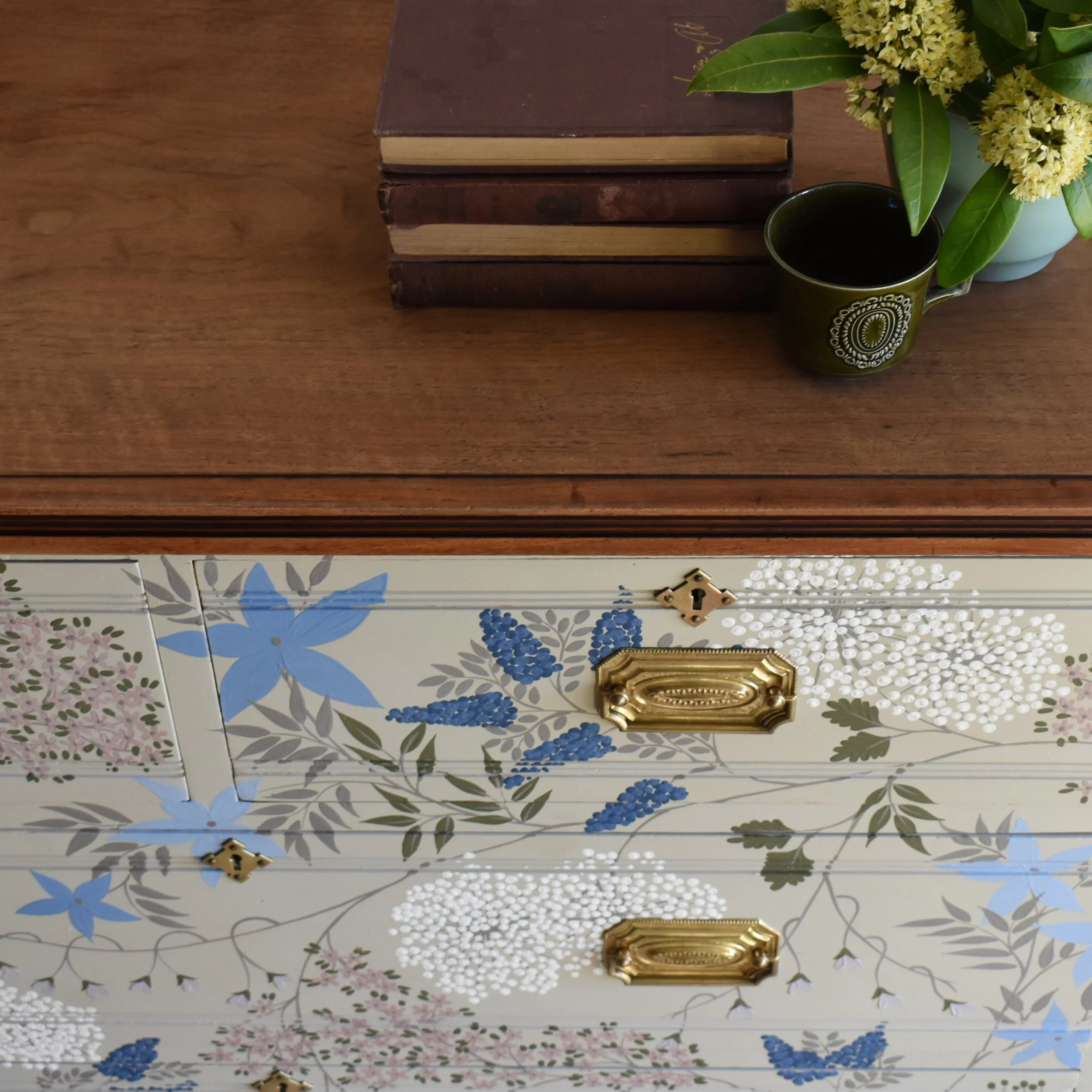 Blue and Pink decorative floral vintage chest of drawers