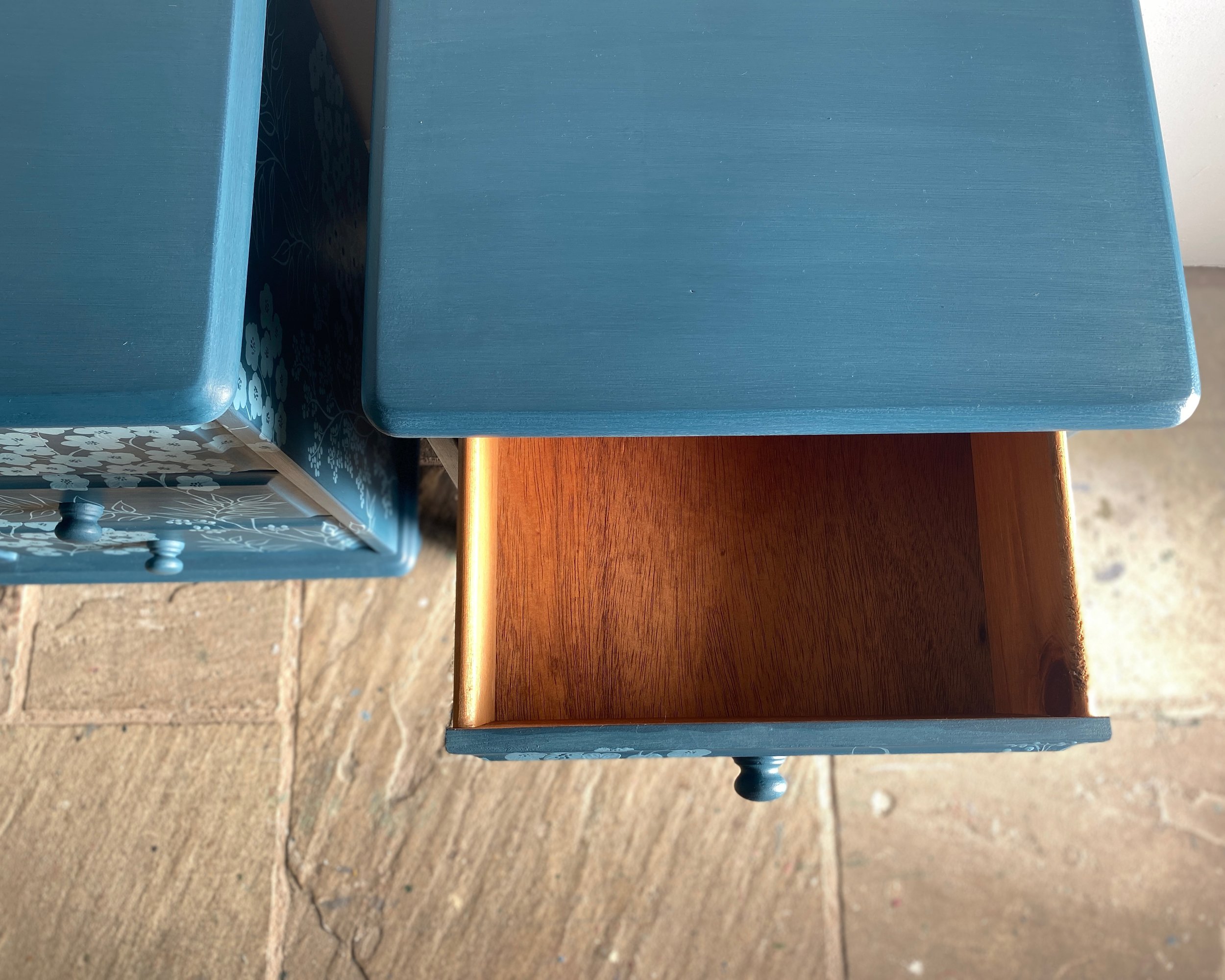 blue blossom hand painted pair bedside drawers