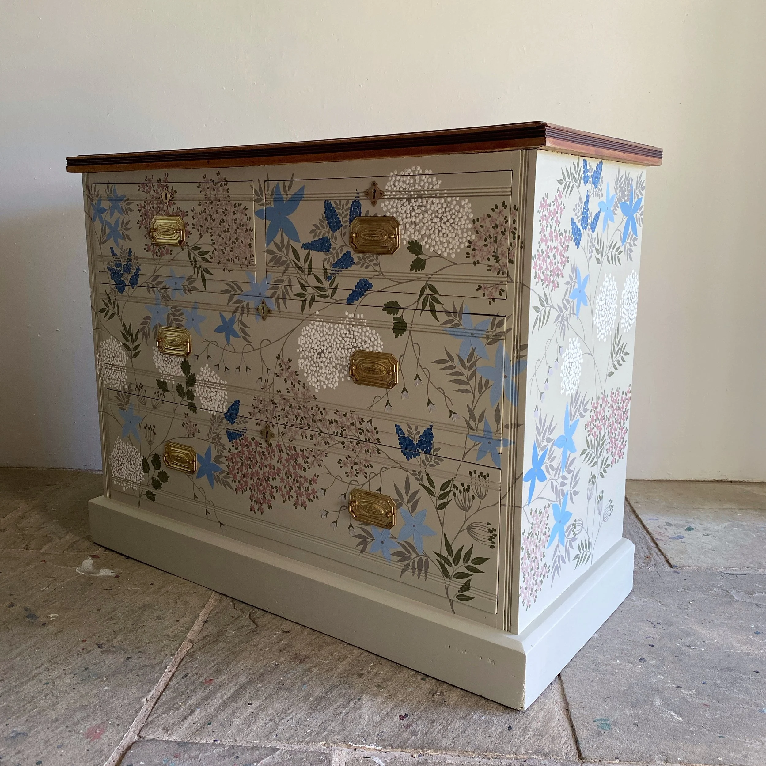 Blue and Pink decorative floral vintage chest of drawers