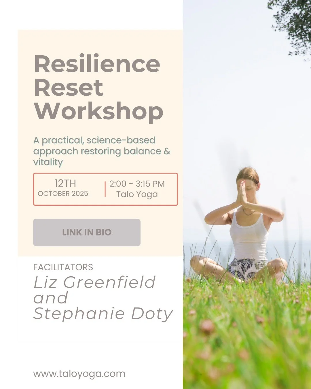 🌿 Resilience Reset at Talo Yoga 🌿
📅 Saturday, October 12 | 🕑 2:00&ndash;3:15 PM

Life doesn&rsquo;t slow down&mdash;and stress isn&rsquo;t going anywhere. But how you respond to it can completely transform your health.

Most of us don&rsquo;t rea