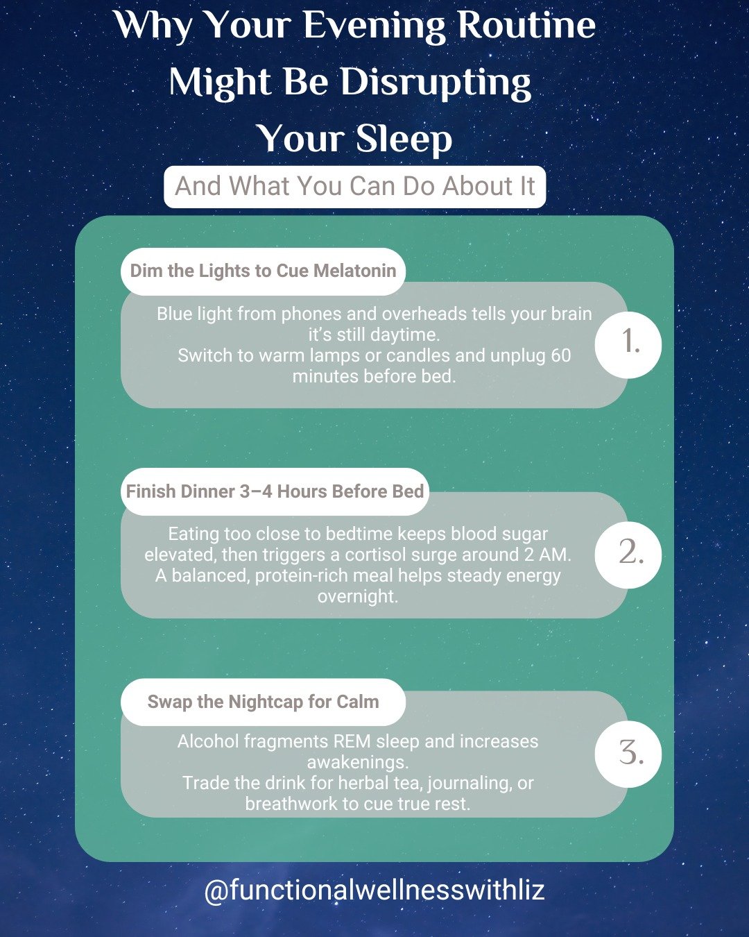 Your evening routine may be the reason you&rsquo;re waking between 2&ndash;4 AM 🌙

Melatonin, cortisol, and blood sugar work in harmony&mdash;until our habits throw them off balance.
Here&rsquo;s how to realign:

Dim the lights at least 1 hour befor