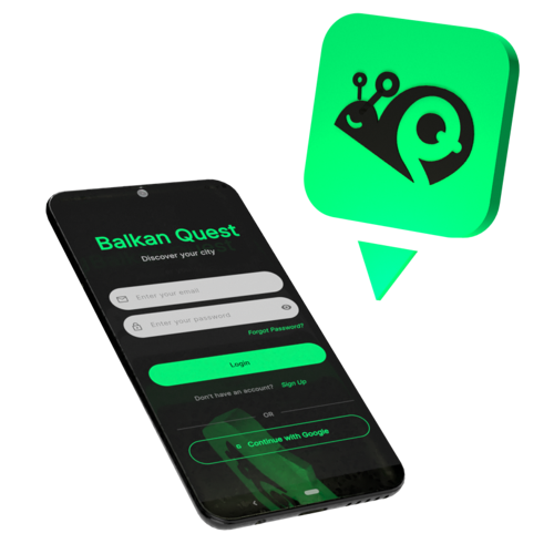 Smartphone displaying the Balkan Quest app login screen with a green and black theme, and the free Bitmoji app icon in the background.