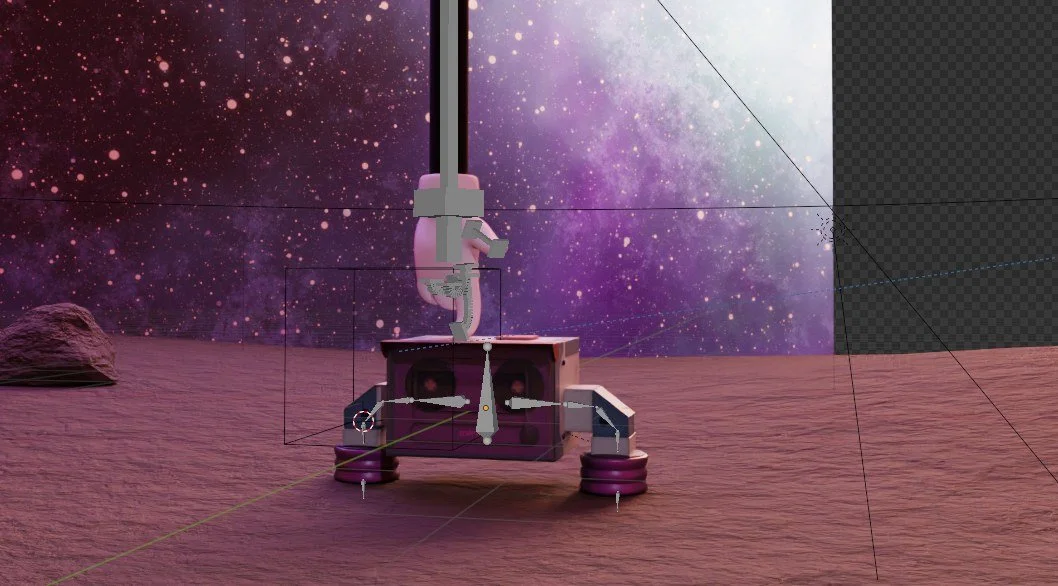 A robotic lander on the surface of a planet or moon with a starry galaxy in the background.