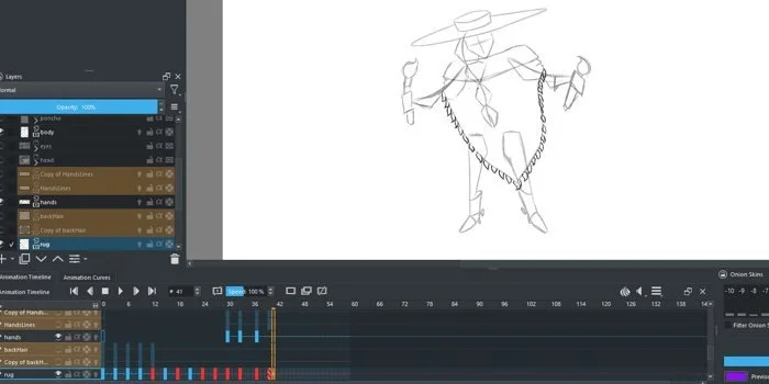 A digital drawing of a figure dressed as a cowboy, holding a lasso in one hand and a drink in the other, with a wide-brimmed hat and chains hanging from the waist. The drawing is in progress on a computer screen showing an animation or illustration software interface.