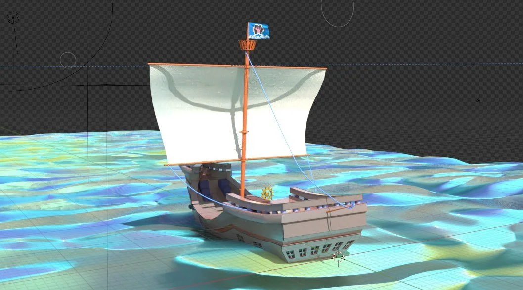 A 3D animated pirate ship with a single white sail and a blue flag on the mast sailing on stylized blue and green ocean waves.